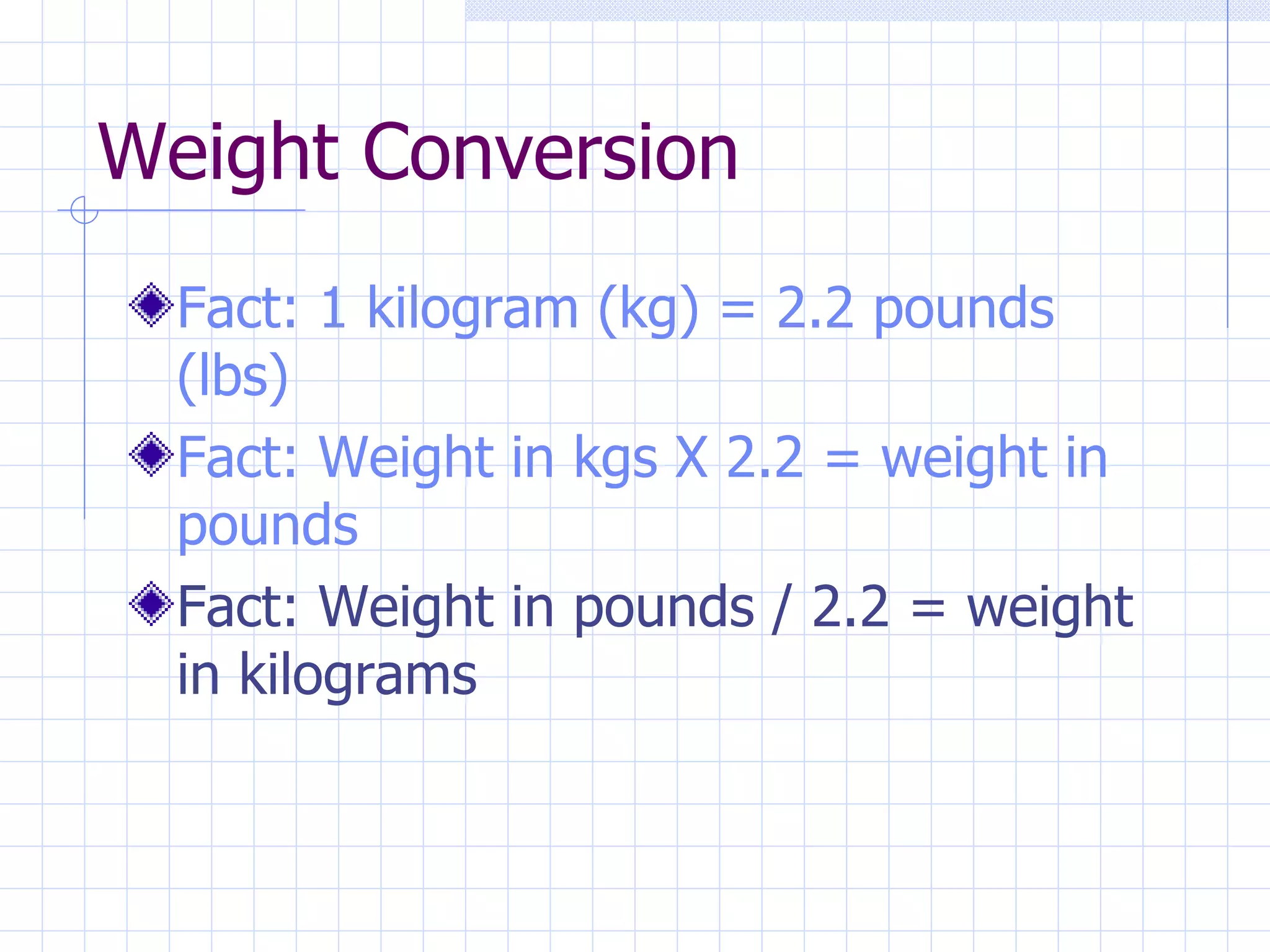 Weight Conversion Fact: 1 kilogram (kg) = 2.2 pounds (lbs) Fact: Weight in kgs X 2.2 = weight in pounds Fact: Weight in pounds / 2.2 = weight in kilograms 