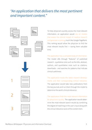 To help physicians quickly access the most relevant
information, an application would rely on models
that assess the clinical impact of medical research
and generate a ranking, much like Google PageRank.
This ranking would allow the physician to find the
most relevant results first — saving them valuable
time.
The application has a complete body of information.
The model sifts through “features” of published
research - qualitative ones such as the title, abstract,
authors, and quantitative ones such as citations,
downloads - and searches for patterns that indicate
clinical usefulness.
The application tracks the latest research develop-
ments and their corresponding clinical relevance.
The application would take new publications from
the top journals and run them through the model to
determine the work’s clinical relevance.
The application finds the most relevant information
for physicians quickly. The application would deter-
mine the most relevant search results by combining
the degree of matching on the user's input along with
the clinical relevance score of the content item.
“An application that delivers the most pertinent
and important content.”
MedNexus Whitepaper: Physicians and Information Overload 5
 