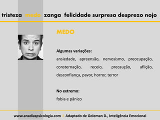 tristeza medo zanga felicidade surpresa desprezo nojo
MEDO
Algumas variações:
ansiedade, apreensão, nervosismo, preocupação,
consternação, receio, precaução, aflição,
desconfiança, pavor, horror, terror
No extremo:
fobia e pânico
www.anadiaspsicologia.com I Adaptado de Goleman D., Inteligência Emocional
 