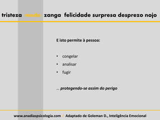 tristeza medo zanga felicidade surpresa desprezo nojo
E isto permite à pessoa:
• congelar
• analisar
• fugir
… protegendo-se assim do perigo
www.anadiaspsicologia.com I Adaptado de Goleman D., Inteligência Emocional
 