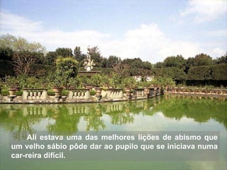 Ali estava uma das melhores lições de abismo que um velho sábio pôde dar ao pupilo que se iniciava numa car-reira difícil.  