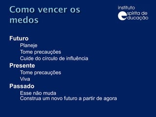 Futuro Planeje Tome precauções Cuide do círculo de influência Presente Tome precauções Viva Passado Esse não muda Construa um novo futuro a partir de agora 