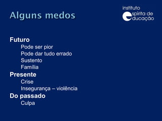 Futuro Pode ser pior Pode dar tudo errado Sustento Família Presente Crise Insegurança – violência Do passado Culpa 