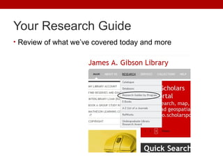 Your Research Guide
• Review of what we’ve covered today and more
 