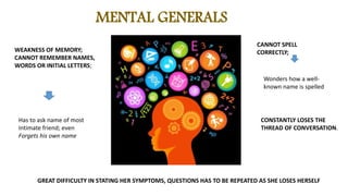 WEAKNESS OF MEMORY;
CANNOT REMEMBER NAMES,
WORDS OR INITIAL LETTERS;
Has to ask name of most
Intimate friend; even
Forgets his own name
CANNOT SPELL
CORRECTLY;
Wonders how a well-
known name is spelled
CONSTANTLY LOSES THE
THREAD OF CONVERSATION.
GREAT DIFFICULTY IN STATING HER SYMPTOMS, QUESTIONS HAS TO BE REPEATED AS SHE LOSES HERSELF
MENTAL GENERALS
 
