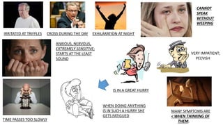 IRRITATED AT TRIFFLES CROSS DURING THE DAY EXHILARATION AT NIGHT
CANNOT
SPEAK
WITHOUT
WEEPING
ANXIOUS, NERVOUS,
EXTREMELY SENSITIVE;
STARTS AT THE LEAST
SOUND
TIME PASSES TOO SLOWLY
IS IN A GREAT HURRY
WHEN DOING ANYTHING
IS IN SUCH A HURRY SHE
GETS FATIGUED
MANY SYMPTOMS ARE
< WHEN THINKING OF
THEM.
VERY IMPATIENT;
PEEVISH
 