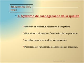 1- Système de management de la qualité
identifier les processus nécessaires à ce système.
déterminer la séquence et l'interaction de ces processus.
surveiller, mesurer et analyser ces processus.
Planification et l'amélioration continue de ces processus.
Referentiel ISO 9001 10
 