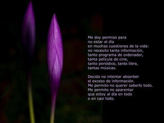 Me doy permiso para no estar al día en muchas cuestiones de la vida: no necesito tanta información, tanto programa de ordenador, tanta película de cine, tanto periódico, tanto libro, tantas músicas. Decido no intentar absorber  el exceso de información. Me permito no querer saberlo todo. Me permito no aparentar que estoy al día en todo o en casi todo. 