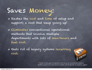 Saves Money:
                                                         *




                   Slashes the cost and time of setup and
                   support; a cost that keep going up!

                   Eliminates conventional operational
                   methods that involve multiple
                   departments with lots of man-hours and
                   fuel cost.

                   Gets rid of legacy systems recurring
                   cost.


                                   *   Based on five years of operation and survey of conventional solutions
                                   MedPort saved 4 to 6 thousand on install and 85 percent on ongoing support.


Tuesday, September 20, 11
 