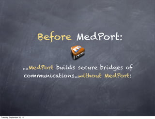 Before MedPort:


                       ....MedPort builds secure bridges of
                        communications...without MedPort:




Tuesday, September 20, 11
 