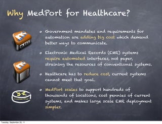Why MedPort for Healthcare?

                            Government mandates and requirements for
                            automation are adding big cost which demand
                            better ways to communicate.

                            Electronic Medical Records (EMR) systems
                            require automated interfaces, not paper,
                            straining the resources of conventional systems.

                            Healthcare has to reduce cost, current systems
                            cannot meet that goal.

                            MedPort scales to support hundreds of
                            thousands of locations, cost pennies of current
                            systems, and makes large scale EMR deployment
                            simpler.


Tuesday, September 20, 11
 