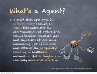 What's a Agent?
                      A solid state appliance (or
                      software only*) called an
                      Agent that automates the
                      communication of orders and
                      results between hospitals, labs,
                      and physicians offices while
                      eliminating 95% of the cost,
                      and 100% of the complexity;
                      resulting in healthcare
                      automation that is simpler and
                      radically more cost effective.


                                                *Java   application available for a variety of operating systems.


Tuesday, September 20, 11
 