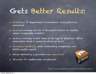 Gets Better Results:
                     Eliminates IT department involvement; saving precious
                     resources!

                     Saves an average of 2 to 4 thousand dollars on installs
                     versus comparable installs!*

                     Reduces average install time of the typical physician office
                     connection from 6 weeks to about an hour!

                     Increases reliability while eliminating complexity and
                     HIPAA audits needs!

                     Gives marketing a powerful new sales tool!

                     Obsoletes IP cumbersome constraints!



                                                  *   Based on five year operation and survey of conventional solutions


Tuesday, September 20, 11
 