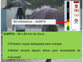 60 milímetros – ALERTA ALERTA  – 60 a 80 mm de chuva Preparar roupas adequadas para crianças Manter sempre alguém atento para necessidade de evacuação 