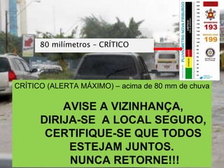 CRÍTICO (ALERTA MÁXIMO) – acima de 80 mm de chuva AVISE A VIZINHANÇA, DIRIJA-SE  A LOCAL SEGURO, CERTIFIQUE-SE QUE TODOS ESTEJAM JUNTOS.  NUNCA RETORNE!!! 80 milímetros – CRÍTICO 