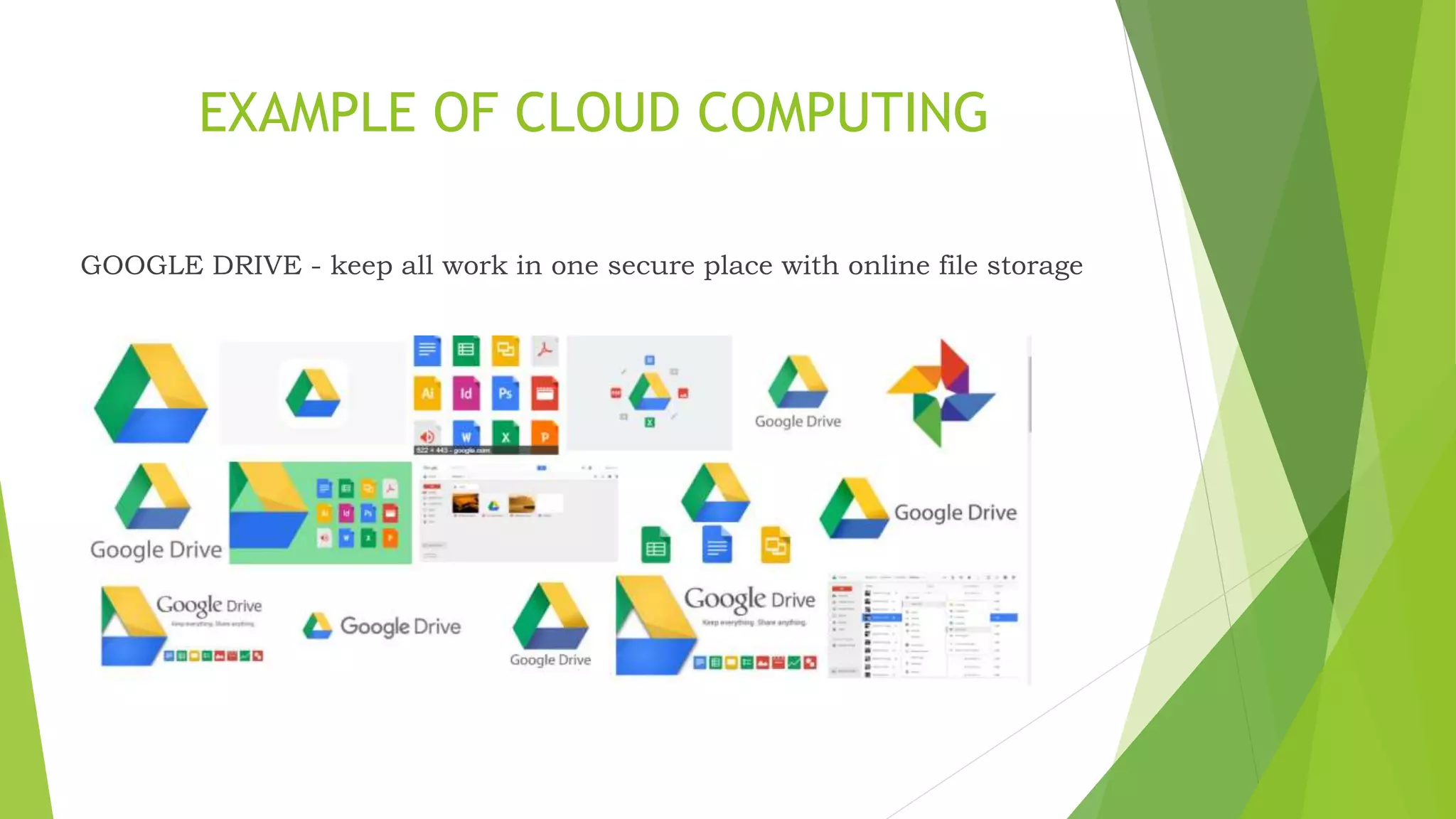 EXAMPLE OF CLOUD COMPUTING
GOOGLE DRIVE - keep all work in one secure place with online file storage
 