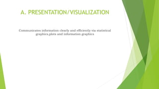 A. PRESENTATION/VISUALIZATION
Communicates information clearly and efficiently via statistical
graphics,plots and information graphics
 