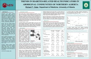 TRENDS IN DIABETES-RELATED HEALTH INDICATORS IN
ABORIGINAL COMMUNITIES OF NORTHERN ALBERTA
Richard T. Oster, Department of Medicine, University of Alberta
-1.5 -1 -0.5 0 0.5 1 1.5
-2 -1.5 -1 -0.5 0 0.5 1 1.5 2
k
ABSTRACT
Introduction: The Mobile Diabetes
Screening initiative (MDSi) screens for
diabetes and related risk factors in northern
Alberta remote and off-reserve Aboriginal
communities. In addition to providing
diabetes screening, diabetes education, and
community-based care, MDSi also aims to
identify and refer individuals needing
medical attention. Our objective was to
examine, longitudinally, diabetes-related
risk factors among returning MDSi clients.
Methods: Data was collected between
November 2003 and December 2009 as
mobile vans equipped with health
professionals and portable diagnostic
equipment traveled to the communities.
Body mass index (BMI), waist
circumference, hemoglobin A1c (A1c),
blood pressure and total cholesterol at
baseline and subsequent visits were
compared over time for 809 self-referred
adult (≥ 20 years of age) individuals (mostly
Métis; 180 with diabetes; 629 without
diabetes). A mixed effects model was
applied to get overall trend slopes for each
risk factor longitudinally.
Results: Significant improvements in BMI,
blood pressure, total cholesterol and A1c
concentrations were identified (P < 0.05) in
returning subjects with diabetes.
Conversely, for clients without known
diabetes, improvements were only observed
in blood pressure (P < 0.05), and BMI and
waist circumference actually increased over
time (P < 0.05).
Discussion: Although baseline clinical
characteristics were worrisome, diabetes-
related health seems to be improving
amongst MDSi clients with diabetes.
Unfortunately, this is not the case for those
without diabetes, whose health appears to
be worsening.
SUPERVISOR: Dr. Ellen L. Toth
KS
INTRODUCTION
Over the past century, Canadian Aboriginals (First Nations, Inuit and
Métis) have experienced a profound epidemiological shift in their health
status (1). The starvation, infectious diseases and depopulation that
accompanied colonization has given way to both re-population and an
accelerated increase in chronic diseases, including type 2 diabetes (2).
Among First Nations peoples, type 2 diabetes and its complications are
2-5 times more common than in the non-First Nations population (3).
Although prevalence rates appear to be higher than that of the general
population (4), very little is known about diabetes-related health status
among Métis people in Canada.
The Mobile Diabetes Screening initiative (MDSi) is part of the 10 year
Alberta Diabetes Strategy (2003-2013). MDSi serves Métis and off-
reserve Aboriginal communities in northern Alberta, providing diabetes
and cardiovascular risk screening, diabetes education, and community-
based care. The objective of this study was to examine, longitudinally,
the diabetes-related health status of returning MDSi clients.
Statistical analyses were done with SPSS 17.0. Mean baseline and
subsequent indicators were compared for individuals over time with a
univariate general linear mixed effect model. Those with and without
diabetes were analyzed separately. Resultant overall trend estimates
for each indicator were considered significant if P < 0.05.
MDSi was implemented as a partnership between Alberta Health and
Wellness, Alberta’s Métis communities and the University of Alberta.
MDSi was approved by the Health Research Ethics Board at the
University of Alberta, and individuals consented to aggregate analysis.
Mobile vans, equipped with
portable diagnostic equipment and
health professionals, travelled to
communities (including all 8 Métis
Settlements) twice per year. Adult
subjects (aged ≥ 20) enrolled
through self-referral in response to
local advertising. Diabetes was
confirmed by medications, chart
review, or infrequently, nurse
history. A total of 809 individuals
(180 with diabetes, 629 without
known diabetes) were included.
Subjects were mostly Métis
(65.8%), with some non-Aboriginal
(17.9%) and First Nations (16.3%).
Indicators of diabetes-related health measured included body mass
index (BMI), waist circumference (using a standard measuring tape at
the iliac crest), hemoglobin A1c (A1c), blood pressure (BP), and total
cholesterol. Blood was collected via a single finger puncture with the
Accu-Chek Safe-T-Pro (Roche Diagnostics) lancet. Cholesterol and A1c
concentrations were analyzed using the Cholestech L.D.X™ portable
analyzer and the Bayer DCA2000®+ analyzer respectively.
Criteria from the National Cholesterol Education Program Adult
Treatment Panel III (NCEP-ATP III) (5), were utilized to define
overweight (BMI 25-29.9), obesity (BMI  30) and abnormal waist
circumference (≥ 102 cm for males; ≥ 88 cm for females). Poor glucose
control was assessed according to the Canadian Diabetes Association
Clinical Practice Guidelines (CPGs) cutoff (A1c ≥ 7%) (6). BP ≥ 140/90
mmHg for those without diabetes and ≥ 130/80 for those with diabetes
was used to identify hypertension, whereas total cholesterol
concentration ≥ 5.24 mM indicated hypercholesterolemia (5).
For returning subjects with diabetes, significant improvements in
overall trend estimates for BMI, blood pressure, total cholesterol and
A1c concentrations were observed (P < 0.05).
DISCUSSION
The observed improvements amongst adults with known diabetes
imply that MDSi’s care model may play a role in supporting clients to
improve their health. However, since no control group was included,
MDSi’s contribution cannot be quantitated. Secular improvements in
diabetes health are likely due to a combination of effects including the
availability of CPGs and the federal Aboriginal Diabetes Initiative. For
those without diabetes, risk appears to be increasing. Further work will
be required to address this risk.
REFERENCES
1. Adelson N. 2005. Can J Public Health. 2. Gracey M, King M. 2009. Lancet. 374:65-75.
96(S2):S45-S61.
3. Young TK et al. 2000. CMAJ. 163:561-566. 4. Ralph-Campbell et al. 2009. Int J Circumpolar
Health. 68(5):433-442.
5. NCEP Expert Panel. 2002. Circulation . 6. Canadian Diabetes Association. 2008. Can J
106(25):3143-3421. Diabetes. 32(S1):S1-S201.
In contrast, subjects without known diabetes experienced
improvements only in blood pressure (P < 0.05), whereas both BMI
and waist circumference increased over time (P < 0.05).
BMI
Waist
A1c
Systolic BP
Diastolic BP
MAP
Cholesterol
BMI
Waist
A1c
Systolic BP
Diastolic BP
MAP
Cholesterol
Health indicators of returning subjects with diabetes (N = 180).
Values are estimates for the average change per year with 95% CI.
Baseline diabetes health indicators. Values are means (± SD) or
prevalences (95% CI).
Health indicators of returning subjects without diabetes (N = 629).
Values are estimates for the average change per year with 95% CI.
RESULTS
Subjects ranged from 20 to 91 years of age (mean 49). The majority of
subjects (69.0%) were female. We identified high baseline rates of
overweight and obesity (87.3%), abnormal waist circumference
(78.7%), poor glucose control (12.6%), hypertension (26.1%) and
hypercholesterolemia (33.8%). Baseline indicators were more severe
among those with diabetes compared to those without the disease.
Estimate of average change
Estimate of average change
METHODS
Canadian Aboriginal
Issues Database,
www.ualberta.ca/~wall
d/map.html
Variables
With diabetes
(N = 180)
Without diabetes
(N = 629)
Total
(N = 809)
BMI (kg/m2)
% Overweight (25-29.9)
% Obese (≥ 30)
33.4 ± 6.2
29.5%
(17.0 - 42.0)
67.1%
(58.6 - 75.7)
31.0 ± 6.3
32.0%
(25.6 - 38.4)
52.8%
(47.4 - 58.2)
31.5 ± 6.3
31.4%
(25.7 - 37.1)
55.9%
(51.3 - 60.5)
Waist circumference (cm)
% Abnormal (≥ 102
males; ≥ 88 females)
108.6 ± 13.9
95.9%
(92.9 - 98.9)
101.6 ± 14.7
72.8%
(68.7 - 76.9)
103.2 ± 14.8
78.7%
(75.5 - 81.9)
A1c (%)
% Poor glucose control
( ≥ 7%)
7.3 ± 1.6
50.0%
(41.3 - 58.7)
5.5 ± 0.8
1.6%
(0.1 - 3.1)
N A
N A
Systolic BP (mmHg)
Diastolic BP (mmHg)
MAP (mmHg)
% Hypertensive (≥
130/80 with diabetes;
140/90 without diabetes)
136.9 ± 19.0
77.4 ± 9.8
97.3 ± 12.1
69.5%
(61.3 - 77.7)
123.8 ± 21.4
75.3 ± 10.4
91.5 ± 12.6
21.8%
(14.9 - 28.7)
126.7 ± 20.3
75.8 ± 10.3
92.7 ± 12.4
32.3%
(26.6 - 38.0)
Total cholesterol (mM)
% Hypercholesterolemia
(≥ 5.24)
4.7 ± 1.1
30.8%
(18.4 - 43.2)
4.9 ± 1.1
34.6%
(28.3 - 40.9)
4.8 ± 1.1
33.8%
(28.1 - 39.5)
 
