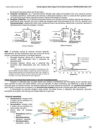 Arlindo Ugulino Netto; Raquel Torres Bezerra Dantas ● MEDRESUMOS 2016 ● CEF
103
www.medresumos.com.br
As sinapses nervosas podem ser de dois tipos:
a) Sinapses excitatórias: se o neurotransmissor liberado pela célula pré-sinaptica tiver uma natureza quimica
excitatória (epinefrina, acetil-colina) ele estimula a célula pós-sináptica a abrir os canais de Na+ gerando assim
um potencial de ação nesse segundo neurônio, dando continuidade ao impulso.
b) Sinapses inibitórias: se os neurotransmissores tiverem uma natureza quimica inibitória (glicina) ele bloqueia o
potencial de ação, fazendo com que a célula pós sinaptica seja mais permeável ao Cl- e ao K+, gerando uma
hiperpolarização, negativando ainda mais o potencial interno da membrana, deprimindo o neurônio, deixando-o
absolutamente incapaz de propagar o impulso.
OBS: A condução normal do estímulo nervoso depende,
basicamente, de dois fenômenos para que ocorra de forma
normal: a somação temporal e a somação espacial.
 Somação temporal: afirma que o potencial de cada
neurônio está relacionado com o potencial de
despolarização.
 Somação espacial: afirma que o potencial dos
neurônios está relacionados com seu número de
fibras.
FISIOLOGIA DAS SINAPSES NERVOSAS E NEUROTRANSMISSORES
Sinapse é a definição para a junção celular que medeia a transferência de informações de um neurônio para
outro neurônio ou para uma célula efetora, como por exemplo, na placa miomotora, que determina a ação da célula
muscular após um impulso nervoso. As sinapses dependem de duas classes de neurônios: um neurônio pré-sináptico
(que conduz o impulso para a sinapse) e um neurônio pós-sináptico (transmite o impulso para além da sinapse).
A transmissão do estímulo sináptico pode ocorrer de várias formas, a depender das estruturas neuronais
envolvidas na sinapse e da natureza da sinapse (elétrica ou química).
TIPOS DE SINAPSES
 Axodendrítica: sinapse entre
o axônio de um neurônio e o
dendrito de outro.
 Axosomática: sinapse entre
o axônio de um neurônio e a
soma (corpo) de outro.
 Outros tipos de sinapses
incluem:
 Axoaxônica (axônio –
axônio)
 Dendrodendrítica
(dendrito – dendrito)
 Dendrosomática
(dendritos – soma)
 