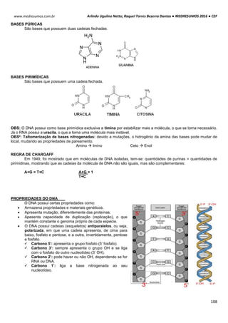 Arlindo Ugulino Netto; Raquel Torres Bezerra Dantas ● MEDRESUMOS 2016 ● CEF
108
www.medresumos.com.br
BASES PÚRICAS
São bases que possuem duas cadeias fechadas.
BASES PIRIMÍDICAS
São bases que possuem uma cadeia fechada.
OBS: O DNA possui como base pirimídica exclusiva a timina por estabilizar mais a molécula, o que se torna necessário.
Já o RNA possui a uracila, o que a torna uma molécula mais instável.
OBS²: Taltomerização de bases nitrogenadas: devido a mutações, o hidrogênio da amina das bases pode mudar de
local, mudando as propriedades de pareamento.
Amino  Imino Ceto  Enol
REGRA DE CHARGAFF
Em 1949, foi mostrado que em moléculas de DNA isoladas, tem-se: quantidades de purinas = quantidades de
pirimidinas, mostrando que as cadeias da molécula de DNA não são iguais, mas são complementares:
A+G = T+C A+G = 1
T+C
PROPRIEDADES DO DNA
O DNA possui certas propriedades como:
 Armazena propriedades e materiais genéticos.
 Apresenta mutação, diferentemente das proteínas.
 Apesenta capacidade de duplicação (replicação), o que
mantém constante o genoma próprio de cada espécie.
 O DNA possui cadeias (esqueletos) antiparalelos, ou seja,
polarizada, em que uma cadeia apresenta, de cima para
baixo, fosfato e pentose, e a outra, invertidamente, pentose
e fosfato.
 Carbono 5’: apresenta o grupo fosfato (5’ fosfato).
 Carbono 3’: sempre apresenta o grupo OH e se liga
com o fosfato do outro nucleotídeo (3’ OH).
 Carbono 2’: pode haver ou não OH, dependendo se for
RNA ou DNA.
 Carbono 1’: liga a base nitrogenada ao seu
nucleotídeo.
 