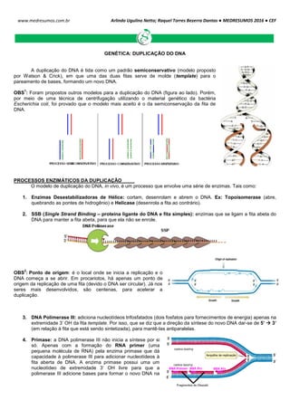 Arlindo Ugulino Netto; Raquel Torres Bezerra Dantas ● MEDRESUMOS 2016 ● CEF
109
www.medresumos.com.br
GENÉTICA: DUPLICAÇÃO DO DNA
A duplicação do DNA é tida como um padrão semiconservativo (modelo proposto
por Watson & Crick), em que uma das duas fitas serve de molde (template) para o
pareamento de bases, formando um novo DNA.
OBS
1
: Foram propostos outros modelos para a duplicação do DNA (figura ao lado). Porém,
por meio de uma técnica de centrifugação utilizando o material genético da bactéria
Escherichia coli, foi provado que o modelo mais aceito é o da semiconservação da fita de
DNA.
PROCESSOS ENZIMÁTICOS DA DUPLICAÇÃO
O modelo de duplicação do DNA, in vivo, é um processo que envolve uma série de enzimas. Tais como:
1. Enzimas Desestabilizadoras de Hélice: cortam, desenrolam e abrem o DNA. Ex: Topoisomerase (abre,
quebrando as pontes de hidrogênio) e Helicase (desenrola a fita ao contrário).
2. SSB (Single Strand Binding – proteína ligante do DNA e fita simples): enzimas que se ligam a fita abeta do
DNA para manter a fita abeta, para que ela não se enrole.
OBS
2
: Ponto de origem: é o local onde se inicia a replicação e o
DNA começa a se abrir. Em procariotos, há apenas um ponto de
origem da replicação de uma fita (devido o DNA ser circular). Já nos
seres mais desenvolvidos, são centenas, para acelerar a
duplicação.
3. DNA Polimerase III: adiciona nucleotídeos trifosfatados (dois fosfatos para fornecimentos de energia) apenas na
extremidade 3’ OH da fita template. Por isso, que se diz que a direção da síntese do novo DNA dar-se de 5’  3’
(em relação à fita que está sendo sintetizada), para mantê-las antiparalelas.
4. Primase: a DNA polimerase III não inicia a síntese por si
só. Apenas com a formação do RNA primer (uma
pequena molécula de RNA) pela enzima primase que dá
capacidade à polimerase III para adicionar nucleotídeos à
fita aberta de DNA. A enzima primase possui uma um
nucleotídeo de extremidade 3’ OH livre para que a
polimerase III adicione bases para formar o novo DNA na
 