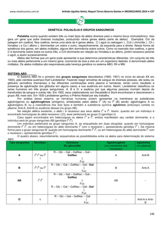 Arlindo Ugulino Netto; Raquel Torres Bezerra Dantas ● MEDRESUMOS 2016 ● CEF
146
www.medresumos.com.br
GENÉTICA: POLIALELIA E GRUPOS SANGUÍNEOS
Polialelia ocorre quando existem três ou mais tipos de alelos diversos para o mesmo locus cromossômico. Isso
gera um gene que sofre diversas mutações, produzindo vários genes alelos (série de alelos) . Exemplos: Cor da
pelagem em coelhos. Nos coelhos, temos uma série de 4 genes alelos : C ( aguti ou selvagem ) , Cch ( chinchila ) , Ch (
himalaia ) e Ca ( albino ), dominantes um sobre o outro, respectivamente, da esquerda para a direita. Nessa forma de
existência dos genes, em alelos múltiplos, alguns têm dominância sobre outros. Como no exemplo dos coelhos, o gene
C é dominante sobre todos os outros três, o Cch dominante em relação ao himalaia e ao albino, porém recessivo perante
o aguti, e assim sucessivamente.
Alelos são formas que um gene pode apresentar e que determina características diferentes. Um conjunto de três
ou mais alelos pertencente a um mesmo gene, ocorrendo de dois a dois em um organismo diploide, é denominado alelos
múltiplos. Os alelos múltiplos são responsáveis pela herança genética no sistema ABO, Rh e MN.
SISTEMA ABO
O Sistema ABO foi o primeiro dos grupos sanguíneos descobertos (1900, 1901) no início do século XX em
1900), pelo cientista austríaco Karl Landsteiner. Fazendo reagir amostras de sangue de diversas pessoas, ele isolou os
glóbulos vermelhos (hemácias) e fez diferentes combinações entre plasma e hemácias, tendo como resultado a
presença de aglutinação dos glóbulos em alguns casos, e sua ausência em outros. Assim, Landsteiner classificou os
seres humanos em três grupos sanguíneos: A, B e O, e explicou por que algumas pessoas morriam depois de
transfusões de sangue e outras não. Em 1902, seus colaboradores von Decastello e Sturli encontraram e descreveram o
grupo AB, mais raro. Em 1930 Landsteiner ganhou o Prêmio Nobel por seu trabalho.
Por análise desse sistema, as hemácias humanas podem apresentar na membrana as substâncias
aglutinógenos ou aglutinogênios (antígeno), sintetizadas pelos alelos I
A
(A) ou I
B
(B) sendo: aglutinógeno A ou
aglutinógeno B; ou a coexistência dos dois tipos e também a substância química aglutinina (anticorpo) contida no
plasma: Anti-A, Anti-B ou ausência dessas (no grupo AB).
Na relação alélica existente, o alelo i é recessivo aos seus alelos I
A
e I
B
. Assim, quando em um indivíduo é
encontrado homozigose do alelo recessivo i (O), esse pertencerá ao grupo O (genótipo ii).
Caso sejam encontrados em heterozigose os alelos I
A
e I
B
, ambos manifestam seu caráter dominante, e o
indivíduo será do grupo sanguíneo AB (genótipo I
A
I
B
).
Um indivíduo pertencerá ao grupo sanguíneo A, se enquadrado em duas situações: quando em homozigose
dominante I
A
I
A
, ou em heterozigose do alelo dominante I
A
com o recessivo i, apresentando genótipo I
A
i. Da mesma
forma para o grupo sanguíneo B: quando em homozigose dominante I
B
I
B
, ou em heterozigose do alelo dominante I
B
com
o recessivo i, apresentando genótipo I
B
i.
O quadro abaixo, resumidamente, esquematiza as possibilidades entre os alelos para determinação do sistema
ABO.
Tipo sanguíneo Genótipo Estrutura
Do glicocálix
Aglutinogênio
(na membrana das
hemácias)
Aglutinina
(no plasma)
A I
A
I
A
ou I
A
i
R – Glc – Gal – GalNac – Gal -
GalNac
|
Fuc
A Anti-B
B I
B
I
B
ou I
B
i
R – Glc – Gal – GalNac – Gal - Gal
|
Fuc
B Anti-A
AB I
A
I
B
R – Glc – Gal – GalNac – Gal -
GalNac
|
Fuc
R – Glc – Gal – GalNac – Gal - Gal
|
Fuc
AB -
O ii
R – Glc – Gal – GalNac – Gal
|
Fuc
- Anti-A e Anti-
B
 