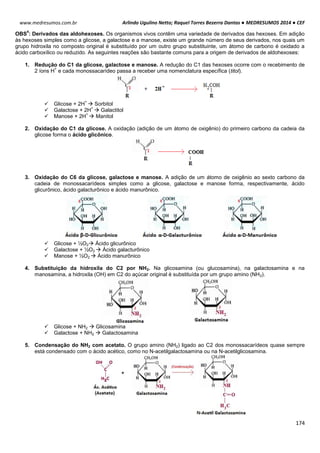 Arlindo Ugulino Netto; Raquel Torres Bezerra Dantas ● MEDRESUMOS 2014 ● CEF
174
www.medresumos.com.br
OBS
4
: Derivados das aldohexoses. Os organismos vivos contêm uma variedade de derivados das hexoses. Em adição
às hexoses simples como a glicose, a galactose e a manose, existe um grande número de seus derivados, nos quais um
grupo hidroxila no composto original é substituído por um outro grupo substituinte, um átomo de carbono é oxidado a
ácido carboxílico ou reduzido. As seguintes reações são bastante comuns para a origem de derivados de aldohexoses:
1. Redução do C1 da glicose, galactose e manose. A redução do C1 das hexoses ocorre com o recebimento de
2 íons H
+
e cada monossacarídeo passa a receber uma nomenclatura específica (titol).
 Glicose + 2H
+
 Sorbitol
 Galactose + 2H
+
 Galactitol
 Manose + 2H
+
 Manitol
2. Oxidação do C1 da glicose. A oxidação (adição de um átomo de oxigênio) do primeiro carbono da cadeia da
glicose forma o ácido glicônico.
3. Oxidação do C6 da glicose, galactose e manose. A adição de um átomo de oxigênio ao sexto carbono da
cadeia de monossacarídeos simples como a glicose, galactose e manose forma, respectivamente, ácido
glicurônico, ácido galacturônico e ácido manurônico.
 Glicose + ½O2 Ácido glicurônico
 Galactose + ½O2  Ácido galacturônico
 Manose + ½O2  Ácido manurônico
4. Substituição da hidroxila do C2 por NH2. Na glicosamina (ou glucosamina), na galactosamina e na
manosamina, a hidroxila (OH) em C2 do açúcar original é substituída por um grupo amino (NH2).
 Glicose + NH2  Glicosamina
 Galactose + NH2  Galactosamina
5. Condensação do NH2 com acetato. O grupo amino (NH2) ligado ao C2 dos monossacarídeos quase sempre
está condensado com o ácido acético, como no N-acetilgalactosamina ou na N-acetilglicosamina.
 