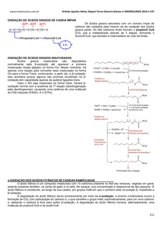 Arlindo Ugulino Netto; Raquel Torres Bezerra Dantas ● MEDRESUMOS 2014 ● CEF
211
www.medresumos.com.br
OXIDAÇÃO DE ÁCIDOS GRAXOS DE CADEIA ÍMPAR
Os ácidos graxos saturados com um número ímpar de
carbono são oxidados pela mesma via de oxidação dos ácidos
graxos pares. Os três carbonos finais formam o propianil CoA
(C3), que é metabolizado através de 3 etapas, formando o
Succinil-CoA, que também é intermediário do ciclo de Krebs.
OXIDAÇÃO DE ÁCIDOS GRAXOS INSATURADOS
Ácidos graxos insaturados são degradados
normalmente pela β-oxidação até aparecer a primeira
insaturação (dupla ligação) na forma Cis. Nesse momento, há
apenas uma reação para converter essa insaturação na forma
Cis para a forma Trans, continuando, a partir daí, a β-oxidação.
Isso acontece porque alguma das enzimas envolvidas na β-
oxidação tem capacidade apenas de quebrar ligações trans.
Caso o AG seja insaturado na forma trans, haverá β-
oxidação normal com a ausência da 1ª reação (desidrogenação
pela desidrogenase), causando uma carência de uma molécula
de FAD reduzido (FADH2  2 ATPs).
α-OXIDAÇÃO DOS ÁCIDOS FITÂNICOS DE CADEIAS RAMIFICADAS
O ácido fitânico é um composto instaturado com 15 carbonos presente no fitol das verduras, vegetais em geral,
estando presente também, na carde de gado e no leite. No sangue, sua concentração é desprezível de tão pequena. O
ácido fitânico é constituído, ao longo de sua cadeia, por grupos metil em que o primeiro está na posição β, impedindo a
β-oxidação.
A degradação do ácido fitânico dá-se primeiramente por meio da α-oxidação: a enzima α-hidroxilase ocorre a
formação de CO2 com participação do carbono α, o que transfere o grupo metil, automaticamente, para um novo carbono
α, deixando o carbono β livre para sofrer β-oxidação. A degradação do ácido fitânico fornece, alternadamente, uma
molécula de propionil CoA e de acetil CoA.
 