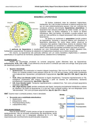 Arlindo Ugulino Netto; Raquel Torres Bezerra Dantas ● MEDRESUMOS 2014 ● CEF
215
www.medresumos.com.br
BIOQUÍMICA: LIPOPROTEÍNAS
Os lipídios (colesterol, éster de colesterol, triglicerídeos,
fosfolipídios, etc.) não circulam livremente no plasma sanguíneo (por
ser um meio predominantemente aquoso), mas sim, evolvidos por
complexos proteicos denominados lipoproteínas plasmáticas. A
lipoproteína tem estrutura esferoide, de caráter micelar, em que na
superfície estão os lipídios anfipáticos e no interior os lipídios
hidrofóbicos. Além dos lipídios, há também a porção proteica, que
pode ser mais periférica ou integral (atravessam toda a estrutura da
lipoproteína).
Os lipídios se condensam à apoproteína (porção proteica
da lipoproteína), formando a estrutura esférica que caracteriza a
lipoproteína plasmática. No centro dessa esfera, situam-se os
compostos mais apolares: triglicerídeos, ésteres de colesterol. Mais
na região periférica se concentram o colesterol e fosfolipídios (por
serem menos apolar que aqueles compostos que ficam no centro).
A partícula de lipoproteína é constituída por uma monocamada externa que contém colesterol livre,
fosfolipídios e apoproteínas. Os ésteres de colesterol e os triglicerídeos localizam-se no interior da partícula.
Em resumo, as lipoproteínas são partículas esféricas com um centro hidrofóbico (triglicerídeos e colesterol
esterificado) e na superfície da membrana, apolipoproteínas, colesterol livre e fosfolipídios.
CLASSIFICAÇÃO
Podem ser encontradas circulando na corrente sanguínea quatro diferentes tipos de lipoproteínas:
quilomícrons, VLDL, LDL e HDL. O que diferencia uma da outra é o conteúdo que cada uma carrega. Esse grupo pode
ser classificado quanto a dois critérios:
 Quanto à densidade:
 Quilomícrons: são sintetizados no intestino delgado (enterócitos). São ricos em TGL provenientes da dieta.
Possui um conteúdo proteico muito pequeno (cerca de 1% a 2% de sua massa), sendo então considerada
uma molécula leve. Apresentam, principalmente 3 apoproteínas: Apo B48, Apo CII e CIII, Apo E, Apo AI e
AII.
 VLDL (Very Low Density Lipid): Sintetizada no fígado (hepatócitos). Transporta majoritariamente os TGL
endógenos (sintetizados pelo próprio organismo a partir do excesso de carboidratos). Apresenta
principalmente 2 apoproteínas: Apo B100 e Apo CIII.
 LDL (Low Density Lipid): Transporta majoritariamente o colesterol livre. Tem como principal apoproteína
associada a Apo B100.
 HDL (High Density Lipid): também sintetizada pelo fígado, transporta principalmente fosfolipídios e ésteres
de colesterol. De todas as lipoproteínas, é a que tem maior conteúdo proteico, daí sua designação como
“alta densidade”. Tem como principais apoproteínas: Apo AI, Apo CII e a Apo E.
OBS
1
: Quanto maior o conteúdo proteico, maior a densidade.
 De acordo com a mobilidade eletroforética:
 Quilomícrons
 β-lipoproteína (LDL)
 Pre-β-lipoproteína (VLDL)
 α-lipoproteína (HDL)
APOLIPOPROTEÍNAS
Para se tornar solúvel, o lipídio precisa se ligar às apoproteínas (ou
apolipoproteínas). São as principais componentes das lipoproteínas, sendo
classificadas de acordo com a designação alfabética de A a E. São
responsáveis pelo reconhecimento da partícula pelos receptores.
 