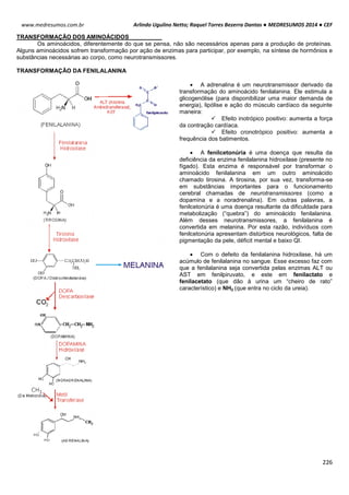 Arlindo Ugulino Netto; Raquel Torres Bezerra Dantas ● MEDRESUMOS 2014 ● CEF
226
www.medresumos.com.br
TRANSFORMAÇÃO DOS AMINOÁCIDOS
Os aminoácidos, diferentemente do que se pensa, não são necessários apenas para a produção de proteínas.
Alguns aminoácidos sofrem transformação por ação de enzimas para participar, por exemplo, na síntese de hormônios e
substâncias necessárias ao corpo, como neurotransmissores.
TRANSFORMAÇÃO DA FENILALANINA
 A adrenalina é um neurotransmissor derivado da
transformação do aminoácido fenilalanina. Ele estimula a
glicogenólise (para disponibilizar uma maior demanda de
energia), lipólise e ação do músculo cardíaco da seguinte
maneira:
 Efeito inotrópico positivo: aumenta a força
da contração cardíaca.
 Efeito cronotrópico positivo: aumenta a
frequência dos batimentos.
 A fenilcetonúria é uma doença que resulta da
deficiência da enzima fenilalanina hidroxilase (presente no
fígado). Esta enzima é responsável por transformar o
aminoácido fenilalanina em um outro aminoácido
chamado tirosina. A tirosina, por sua vez, transforma-se
em substâncias importantes para o funcionamento
cerebral chamadas de neurotransmissores (como a
dopamina e a noradrenalina). Em outras palavras, a
fenilcetonúria é uma doença resultante da dificuldade para
metabolização (“quebra”) do aminoácido fenilalanina.
Além desses neurotransmissores, a fenilalanina é
convertida em melanina. Por esta razão, indivíduos com
fenilcetonúria apresentam distúrbios neurológicos, falta de
pigmentação da pele, déficit mental e baixo QI.
 Com o defeito da fenilalanina hidroxilase, há um
acúmulo de fenilalanina no sangue. Esse excesso faz com
que a fenilalanina seja convertida pelas enzimas ALT ou
AST em fenilpiruvato, e este em fenilactato e
fenilacetato (que dão à urina um “cheiro de rato”
característico) e NH2 (que entra no ciclo da ureia).
 