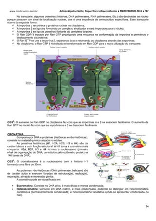 Arlindo Ugulino Netto; Raquel Torres Bezerra Dantas ● MEDRESUMOS 2016 ● CEF
24
www.medresumos.com.br
No transporte, algumas proteínas (histonas, DNA polimerases, RNA polimerases, Etc.) são destinadas ao núcleo
porque possuem um sinal de localização nuclear, que é uma sequência de aminoácidos específicos. Esse transporte
ocorre da seguinte forma:
 A importina α reconhece a proteína nuclear no citoplasma;
 A importina β se liga à α formando um complexo sinalizador e será importado para o núcleo;
 A importina β se liga às proteínas fibrilares do complexo do poro;
 O Ran GDP é trocado por Ran GTP provocando uma mudança na conformação da importina α permitindo o
deslocamento da proteína;
 O Ran GTP se une a importina β, separando da α e retornando ao citoplasma através das exportinas;
 No citoplasma, o Ran GTP é hidrolisado e transformado em Ran GDP para a nova utilização do transporte.
OBS
2
: O aumento de Ran GDP no citoplasma faz com que as importinas α e β se associem facilmente. O aumento de
Ran GTP no núcleo faz com que as importinas α e β se dissociem facilmente.
CROMATINA
Composto por DNA e proteínas (histônicas e não-histônicas),
consiste no material químico alojado no núcleo.
As proteínas histônicas (H1, H2A, H2B, H3 e H4) são de
caráter básico e com função estrutural. A H1 torna a cromatina mais
compacta. H2A, H2B, H3 e H4 formam o nucleossomo (primeiro
nível de organização do DNA, constituído pelo octâmetro proteico e
146 bases de DNA).
OBS
3
: O cromatossoma é o nucleossomo com a histona H1
formando uma fibra de 30nm.
As proteínas não-histônicas (DNA polimerase, helicase) são
de caráter ácido e exercem funções de estruturação, replicação,
reparação, ativação e repressão gênica.
A cromatina pode ser classificada em:
 Eucromatina: Consiste no DNA ativo, é mais difusa e menos condensada;
 Heterocromatina: Consiste em DNA inativo, é mais condensada, podendo se distinguir em heterocromatina
constitutiva (permanentemente condensada) e heterocromatina facultativa (pode-se apresentar condensada ou
não).
 
