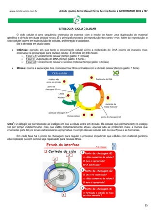 Arlindo Ugulino Netto; Raquel Torres Bezerra Dantas ● MEDRESUMOS 2016 ● CEF
25
www.medresumos.com.br
CITOLOGIA: CICLO CELULAR
O ciclo celular é uma sequência ordenada de eventos com o intuito de haver uma duplicação do material
genético e divisão em duas células novas. É o principal processo de reprodução dos seres vivos. Além da reprodução, o
ciclo celular ocorre em substituição de células, proliferação e apoptose.
Ele é dividido em duas fases:
 Intérfase: período em que tanto o crescimento celular como a replicação do DNA ocorre de maneira mais
ordenada na preparação para divisão celular. É dividida em três fases:
o Fase G1: Crescimento celular (tempo gasto: 11 horas)
o Fase S: Duplicação do DNA (tempo gasto: 8 horas)
o Fase G2: Crescimento celular e síntese proteica (tempo gasto: 4 horas)
 Mitose: ocorre a separação dos cromossomos filhos e finaliza com a divisão celular (tempo gasto: 1 hora)
OBS
1
: O estágio G0 corresponde ao estágio em que a célula entra em divisão. Há células que permanecem no estágio
G0 por tempo indeterminado, mas que estão metabolicamente ativas, apenas não se proliferam mais, a menos que
chamadas para tal por sinais extracelulares apropriados. Exemplo dessas células são os neurônios e as hemácias.
Em cada fase há o ponto de checagem para regular o processo impedindo que células com material genético
não replicado ou com defeito seja repassado para células-filhas.
 