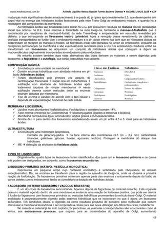 Arlindo Ugulino Netto; Raquel Torres Bezerra Dantas ● MEDRESUMOS 2016 ● CEF
47
www.medresumos.com.br
mudanças mais significativas desse amadurecimento é a queda do pH para aproximadamente 5,5, que desempenha um
papel vital na entrega das hidrolases ácidas lisossomais pela rede Trans-Golgi ao endossomo maduro, e quando há a
reciclagem dos componentes da membrana.
As hidrolases ácidas são sinalizadas para entrar no C.G. por possuírem resíduos de manose devido glicosilação
inicial que ocorreu no R.E. Essa manose é fosforilada na rede Golgi-cis, formando a manose-6-fosfasfato que é
reconhecida por receptores de manose-6-fosfato da rede Trans-Golgi e empacotadas em vesículas revestidas por
clatrina, o que corresponde ao lisossomo inativo (primário). Após a remoção desse revestimento de clatrina, a
vesícula transportadora se funde com o endossomo maduro e o pH ácido interno faz com que as hidrolases ácidas se
desprendam do receptor de manose-6-fosfato. As hidrolases então são liberadas no lúmen do endossomo, enquanto os
receptores permanecem na membrana e são eventualmente reciclados para o CG. Os endossomos maduros então se
transformam em lisossomos ao adquirirem um conjunto de hidrolases ácidas que começam a digerir as
macromoléculas originalmente incorporadas ao endossomo pela endocitose.
No entanto existem também duas rotas alternativas das quais derivam os materiais a serem digeridos pelo
lisossomo: a fagocitose e a autofagia, que serão descutidas mais adiante.
COMPOSIÇÃO QUÍMICA
 Envolvido por uma unidade de membrana
 Contém enzimas hidrolíticas com atividade máxima em pH
ácido (hidrolases ácidas)
 Foram identificados pela primeira vez através de
centrifugação fracionada  fração rica em mitocôndrias 
subfração com atividade de hidrolases ácidas após
tratamento capazes de romper membranas  nessa
subfração deveria conter vesículas onde as enzimas
estariam isoladas por membrana.
 Tipo de enzima é variável de acordo com o tipo celular e
depende da especialização funcional de cada célula.
MEMBRANA LISOSSOMAL
 Lipídios mais abundantes: fosfatidilcolina. Fosfolipídios e colesterol somam 14%.
 Face interna: presença de Glicoproteínas  glicoconjugados (ligados a proteínas e lipídios).
 Membrana permeável à água, aminoácidos, ácidos graxos e monossacarídeos.
 Bomba de H+ para dentro dos lisossomos estabelecendo assim um pH entre 4,5 e 5, ideal para as hidrolases
ácidas.
ULTRAESTRUTURA
 Envolvido por uma membrana lipoproteica.
Camada de glicoconjugados  na face interna das membranas (5,5 ηm – 8,2 ηm), carboidratos
(manose, galactose, glicose, fucose, açúcares neutros). Protegem a membrana do ataque das
hidrolases.
 ME  detecção da atividade da fosfatase ácida.
TIPOS DE LISOSSOMOS
Originalmente, quatro tipos de lisossomos foram identificados, dos quais um é lisossomo primário e os outros
três podem ser designados, em conjunto, como lisossomos secundários.
LISOSSOMO PRIMÁRIO (INATIVO / VESÍCULA HIDROLÍTICA)
Representa um pequeno corpo cujo conteudo enzimático é sintetizado pelo ribossomos do reticulo
endoplasmático. Daí, as enzimas se transferem para a região do aparelho de Golgi-cis, onde se observa a primeira
reação de fosforilação. Os lisossomos primários conteriam apenas parte das enzimas e unicamente depois da fusão de
vários deleles com o endossomos tardio se completaria a dotação de hidrolises ácidas.
FAGOSSOMO (HETEROFAGOSSOMO / VACÚOLO DIGESTIVO)
É um dos tipos de lisossomos sencundários. Aparece depois da fagocitose de material estranho. Esta organela
possui o material ingerido dentro de uma membrana e evidencia uma reação de fosfatase positiva, que pode ser devida
à fusão do fagossomo com lisossomos primários ou vesiculas hidrolíticas provenientes do retículo trans-Golgi. O material
englobado é progressivamente digerido pelas enzimas hidroliticas que se incorporam no que é agora um lisossomo
secundário. Em condições ideais, a digestão dá como resultado produtos de pequeno peso molecular que podem
atravessar a membrana lisossômica e ser icorporada à celula para sua nova utilização em diferentes ciclos metabólicos.
No caso de o material já ter sido captado por pinocitose, as vesículas correspondentes são incorporadas como já
vimos, aos endossomos precoces, que migram para as proximidades do aparelho de Golgi, aumentando
 