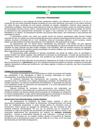 Arlindo Ugulino Netto; Raquel Torres Bezerra Dantas ● MEDRESUMOS 2016 ● CEF
59
www.medresumos.com.br
CITOLOGIA: PEROXISSOMOS
O peroxissomo é uma organela de formato, geralmente, esférico, com diâmetro variável de 0,2 a 1,5 μm e é
constituído de uma matriz finamente granular envolvida por uma única membrana, que possui no seu interior enzimas,
em média 40 tipos, envolvidas em uma grande variedade de reações metabólicas, incluindo vários aspectos do
metabolismo energético. Essa estrutura está presente em todas as células eucariontes, exceto nos eritrócitos maduros.
Sua quantidade, tamanho e forma, variam, consideravelmente, de acordo com os diferentes tipos de células. No homem,
os peroxissomos são particularmente abundantes no fígado e rins, ocorrendo em menor número e tamanho nos
fibroblastos e no cérebro. Os peroxissomos também não possuem DNA próprio, nem ribossomos e suas proteínas são
importadas do citosol.
O peroxissomo contém uma matriz com grande número de enzimas responsáveis pelas diversas funções
exercidas por ele. Em células com grande atividade peroxissomal, a grande concentração dessas enzimas, como a urato
oxidases, acarreta na formação de um “core” cristaloide, visível ao microscópio eletrônico. Já em humanos, mesmo
células com alta atividade enzimática peroxissomal, como hepatócitos, não apresentam tal arranjo.
Os peroxissomos são, em termos físicos, semelhantes aos lisossomos, mas diferem em dois aspectos
importantes: Primeiro acredita-se que sejam formados por autorreplicação (ou talvez por brotamento do REL) e não pelo
complexo de Golgi; Segundo que eles contêm oxidases e não hidrolases. Além de conterem enzimas que degradam
gorduras e aminoácidos, têm também grandes quantidades da enzima catalase, que converte o peróxido de hidrogênio
(água oxigenada) em água e gás oxigênio.
Os peroxissomos estão presentes em grandes quantidades nas células de defesa como os macrófagos e
também existem nas células vegetais, onde participam do processo da fotorespiração. A função dos peroxissomos no
metabolismo celular ainda é pouco conhecida, mas acredita-se que participem dos processos de desintoxicação da
célula.
Há cerca de 40 tipos diferentes de peroxissomos, dependendo da função e da enzima presente neles. Um dos
tipos de peroxissomo é o glioxissomo que é uma organela membranosa ausente em animais, e presente em sementes
vegetais. Apresentam enzimas que transformam, nas células vegetais, os lipídios em glicídios, que ficam armazenados
nas sementes.
FORMAÇÃO DOS PEROXISSOMOS
O processo de formação de novos peroxissomos é similar ao processo de formação
das mitocôndrias e dos cloroplastos, e difere do processo deformação do retículo
endoplasmático, do aparelho de Golgi e dos lisossomos.
As proteínas destinadas aos peroxissomos são traduzidas nos ribossomos
citosólicos livres e importadas como cadeias polipeptídicas completas. Os fosfolipídios são
também importados, via proteínas transferidoras de fosfolipídios. A importação de proteínas
e de fosfolipídios resulta no crescimento dos peroxissomos, e os novos peroxissomos são
formados por divisão dos velhos.
Algumas proteínas da membrana dos peroxissomos são sintetizadas nos
ribossomos citosólicos e direcionadas para a membrana por sinais internos distintos. Porém,
acredita-se também que algumas dessas proteínas possam ser sintetizadas em polissomos
no retículo endoplasmático, e então, serem transportadas para os peroxissomos. Acredita-se
que sejam formadas por autorreplicação (brotamento do REL) e não pelo CG.
BIPARTIÇÃO DOS PEROXISSOMOS (FISSÃO BINÁRIA)
Os peroxissomos se multiplicam por fissão binária, portanto, a partir de
peroxissomos preexistentes, como fazem as mitocôndrias. Consequentemente, sua massa
deve ser multiplicada previamente. A dupla camada lipídica da membrana única do
peroxissomo cresce através do agregado de fosfolipídios, que são extraídos do REL
mediante proteínas intercabiadoras. Por sua vez, as proteínas que se incorporam à
membrana ou matriz da organela são provenientes dos ribossomos livres no citosol e são
conduzidas seletivamente aos peroxissomos por exibirem um peptídeo sinalizador
específico – próximo à extremidade carboxila de suas moléculas – composto por três
aminoácidos, reconhecido por um receptor proteico situado na membrana da organela.
Acredita-se que os peroxissomos tenham uma vida média de 5 a 6 dias, ao fim dos quais
são destruídos por intermédio de fagossomos.
 