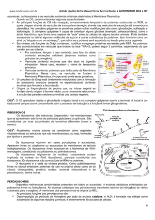 Arlindo Ugulino Netto; Raquel Torres Bezerra Dantas ● MEDRESUMOS 2016 ● CEF
6
www.medresumos.com.br
secretoras, os lisossomos e as vesículas contendo proteínas destinadas à Membrana Plasmática.
Quanto ao CG, podemos levantar algumas especificidades:
 As principais funções do CG são recepção, armazenamento temporário de proteínas produzidas no RER, as
quais chegam através de vesículas de transporte e secreção através das vesículas de secreção até a membrana
plasmática. No complexo golgiense as proteínas podem sofrer modificações tais como: glicosilação, sulfatação e
fosforilação. O complexo golgiense é capaz de sintetizar alguns glicídios (exemplo: polissacarídeos), como o
ácido hialurônico, que forma uma espécie de "cola" entre as células de alguns tecidos animais. Pode também
acrescentar ou retirar algumas moléculas de açúcar e outras substâncias às proteínas. Isso funciona como um
sinal ou "etiqueta com um endereço", que indica se a proteína será exportada ou levada para outra organela.
 Em síntese, são funções do Golgi: condensar, modificar e segregar proteínas secretadas pelo RER. As proteínas
são acondicionadas em vesículas que brotam da face TRANS; podem seguir 3 caminhos, dependendo do que
contêm em seu interior.
 Por exocitose, lançam o seu conteúdo para fora da célula
contendo secreções celulares (enzimas inativas como
grânulos de zimogênio).
 Vesículas contendo enzimas que vão atuar na digestão
intracelular. Nesse caso, recebem o nome de lisossomos
primários.
 Vesículas contendo proteínas que farão parte da Membrana
Plasmática. Nesse caso, as vesículas se fundem à
Membrana Plasmática, incorporando a ela essas proteínas.
 O complexo de Golgi está diretamente relacionado com a formação
do acrossomo estrutura presente no espermatozoide contendo
enzimas que favorece a fecundação.
 Origina os fragmoplastos de pectina que, na mitose vegetal se
fundem dando origem à lamela média, zona cimentante relacionada
à junção das paredes celulares primárias das células vegetais.
OBS
5
: O RE granuloso realiza a glicosilação n-ligada inicial e no complexo golgiense ocorre a terminal. A inicial é co-
traducional porque ocorre concomitante com o processo de tradução e a função é formar glicoproteínas.
RIBOSSOMOS
Os ribossomos são estruturas (organoides) não-membranosas
que se apresentam sob forma de partículas globulares ou grânulos. São
constituídos por duas subunidades de tamanhos diferentes (maior e
menor).
OBS
6
: Atualmente, muitos autores os consideram como organelas
citoplasmáticas as estruturas que são membranosas, ou seja, formadas
por lipídios e proteínas.
Os ribossomos ocorrem em seres procariontes e eucariontes.
Aparecem livres no citoplasma ou associados às membranas do retículo
endoplasmático. Os ribossomos livres associam-se a filamentos de RNA-
mensageiro, constituindo os polissomos ou polirribossomos.
Os ribossomos originam-se do nucléolo, componente nuclear
implicado na síntese do RNA ribossômico, principal constituinte dos
ribossomos. Os ribossomos são constituídos de RNAr e proteínas.
O ribossomo é a sede da síntese proteica. Como polirribossomos
livres no citosol sintetizam proteínas de uso na própria célula como as do
citosol, citoesqueleto, proteína nuclear, enzimas mitocondriais e de
peroxissomos, dentre outras.
PEROXISSOMOS
Organelas rnebranosas arredondadas presentes em todos os eucariotas, 4 enzimas oxidativas sintetizadas por
polissomos livres no hialoplasma. As enzimas oxidativas dos peroxissomos transferem átomos de hidrogênio de vários
substratos para o oxigênio. A membrana dos peroxissomos se origina do REL.
As principais funções dos peroxissomos são:
 Decomposição do peróxido de hidrogênio por ação da enzima catalase. A H2O2 é formada nas células como
subproduto de algumas reações químicas; é extremamente tóxica para as células.
 
