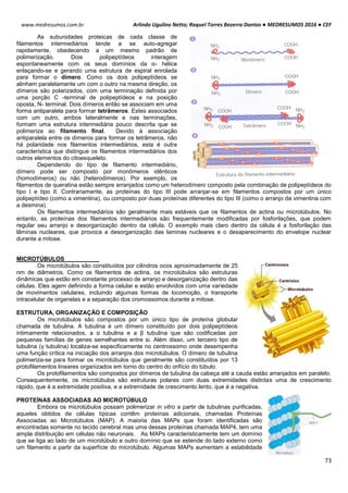 Arlindo Ugulino Netto; Raquel Torres Bezerra Dantas ● MEDRESUMOS 2016 ● CEF
73
www.medresumos.com.br
As subunidades proteicas de cada classe de
filamentos intermediários tende a se auto-agregar
rapidamente, obedecendo a um mesmo padrão de
polimerização. Dois polipeptídeos interagem
espontaneamente com os seus domínios da α- hélice
enlaçando-se e gerando uma estrutura de espiral enrolada
para formar o dímero. Como os dois polipeptídeos se
alinham paralelamente um com o outro na mesma direção, os
dímeros são polarizados, com uma terminação definida por
uma porção C -terminal de polipeptídeos e na posição
oposta, N- terminal. Dois dímeros então se associam em uma
forma antiparalela para formar tetrâmeros. Estes associados
com um outro, ambos lateralmente e nas terminações,
formam uma estrutura intermediária pouco descrita que se
polimeriza ao filamento final. Devido à associação
antiparalela entre os dímeros para formar os tetrâmeros, não
há polaridade nos filamentos intermediários, esta é outra
característica que distingue os filamentos intermediários dos
outros elementos do citoesqueleto.
Dependendo do tipo de filamento intermediário,
dímero pode ser composto por monômeros idênticos
(homodímeros) ou não (heterodímeros). Por exemplo, os
filamentos de queratina estão sempre arranjados como um heterodímero composto pela combinação de polipeptídeos do
tipo I e tipo II. Contrariamente, as proteínas do tipo III pode arranjar-se em filamentos compostos por um único
polipeptídeo (como a vimentina), ou composto por duas proteínas diferentes do tipo III (como o arranjo da vimentina com
a desmina).
Os filamentos intermediários são geralmente mais estáveis que os filamentos de actina ou microtúbulos. No
entanto, as proteínas dos filamentos intermediários são frequentemente modificadas por fosforilações, que podem
regular seu arranjo e desorganização dentro da célula. O exemplo mais claro dentro da célula é a fosforilação das
lâminas nucleares, que provoca a desorganização das laminas nucleares e o desaparecimento do envelope nuclear
durante a mitose.
MICROTÚBULOS
Os microtúbulos são constituídos por cilindros ocos aproximadamente de 25
nm de diâmetros. Como os filamentos de actina, os microtúbulos são estruturas
dinâmicas que estão em constante processo de arranjo e desorganização dentro das
células. Eles agem definindo a forma celular e estão envolvidos com uma variedade
de movimentos celulares, incluindo algumas formas de locomoção, o transporte
intracelular de organelas e a separação dos cromossomos durante a mitose.
ESTRUTURA, ORGANIZAÇÃO E COMPOSIÇÃO
Os microtúbulos são compostos por um único tipo de proteína globular
chamada de tubulina. A tubulina é um dímero constituído por dois polipeptídeos
intimamente relacionados, a α tubulina e a β tubulina que são codificadas por
pequenas famílias de genes semelhantes entre si. Além disso, um terceiro tipo de
tubulina (γ tubulina) localiza-se especificamente no centrossomo onde desempenha
uma função crítica na iniciação dos arranjos dos microtúbulos. O dímero de tubulina
polimeriza-se para formar os microtúbulos que geralmente são constituídos por 13
protofilamentos lineares organizados em torno do centro do orifício do túbulo.
Os protofilamentos são compostos por dímeros de tubulina da cabeça até a cauda estão arranjados em paralelo.
Consequentemente, os microtúbulos são estruturas polares com duas extremidades distintas uma de crescimento
rápido, que é a extremidade positiva, e a extremidade de crescimento lento, que é a negativa.
PROTEÍNAS ASSOCIADAS AO MICROTÚBULO
Embora os microtúbulos possam polimerizar in vitro a partir de tubulinas purificadas,
aqueles obtidos de células típicas contêm proteínas adicionais, chamadas Proteínas
Associadas ao Microtúbulos (MAP). A maioria das MAPs que foram identificadas são
encontradas somente no tecido cerebral mas uma dessas proteínas chamada MAP4, tem uma
ampla distribuição em células não neuronais. As MAPs caracteristicamente tem um domínio
que se liga ao lado de um microtúbulo e outro domínio que se estende do lado externo como
um filamento a partir da superfície do microtúbulo. Algumas MAPs aumentam a estabilidade
 