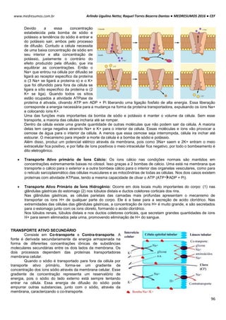 Arlindo Ugulino Netto; Raquel Torres Bezerra Dantas ● MEDRESUMOS 2016 ● CEF
96
www.medresumos.com.br
Devido a essa concentração
estabelecida pela bomba de sódio e
potássio a tendência do sódio é entrar e
do potássio sair, ambos pelo processo
de difusão. Contudo a célula necessita
de uma baixa concentração de sódio em
seu interior e alta concentração de
potássio, justamente o contrário do
efeito produzido pela difusão, que iria
equilibrar as concentrações. Então o
Na+ que entrou na célula por difusão se
ligará ao receptor especifico da proteína
α (3 Na+ se ligará a proteína α) e o K+
que foi difundido para fora da célula se
ligara a sítio especifico da proteína α (2
K+ se liga). Quando todos os sítios
estão ocupados a atividade ATPase da
proteína é ativada, clivando ATP em ADP + Pi liberando uma ligação fosfato de alta energia. Essa liberação
corresponde a energia necessária para a mudança na forma da proteína transportadora, expulsando os íons Na+
e colocando íons K+.
Uma das funções mais importantes da bomba de sódio e potássio é manter o volume da célula. Sem esse
transporte, a maioria das células incharia até se romper.
Dentro da célula existe uma grande quantidade de outras moléculas que não podem sair da célula. A maioria
delas tem carga negativa atraindo Na+ e K+ para o interior da célula. Essas moléculas e íons vão provocar a
osmose de água para o interior da célula. A menos que essa osmose seja interrompida, célula ira inchar até
estourar. O mecanismo para impedir a morte da célula é a bomba de sódio e potássio.
Além disso, produz um potencial elétrico através da membrana, pois como 3Na+ saem e 2K+ entram o meio
extracelular fica positivo, e por falta de íons positivos o meio intracelular fica negativo, por todo o bombeamento é
dito eletrogênico.
 Transporte Ativo primário de Íons Cálcio: Os íons cálcio nas condições normais são mantidos em
concentrações extremamente baixas no citosol. Isso graças a 2 bombas de cálcio. Uma está na membrana que
transporte o cálcio para o exterior e a outra bombeia cálcio para o interior das organelas vesiculares, como para
o reticulo sarcoplasmático das células musculares e as mitocôndrias de todas as células. Nos dois casos existem
proteínas com atividade ATPase, tendo a mesma capacidade de clivar o ATP (ATPADP + Pi).
 Transporte Ativo Primário de Íons Hidrogênio: Ocorre em dois locais muito importantes do corpo: (1) nas
glândulas gástricas do estomago (2) nos túbulos distais e ductos coletores corticais dos rins.
Nas glândulas gástricas, as células parietais das camadas mais profundas apresentam o mecanismo de
transportar os íons H+ de qualquer parte do corpo. Ele é a base para a secreção de acido clorídrico. Nas
extremidades das células das glândulas gástricas, a concentração de íons H+ é muito grande, e são secretados
para o estomago junto com os íons cloreto, formando o acido clorídrico.
Nos túbulos renais, túbulos distais e nos ductos coletores corticais, que secretam grandes quantidades de íons
H+ para serem eliminados pela urina, promovendo eliminação de H+ do sangue.
TRANSPORTE ATIVO SECUNDÁRIO
Consiste em Co-transporte e Contra-transporte. A
fonte é derivada secundariamente da energia armazenada na
forma de diferentes concentrações iônicas de substâncias
moleculares secundárias entre os dois lados da membrana. Os
dois processos dependem das proteínas transportadoras
membrana celular.
Quando o sódio é transportado para fora da célula por
transporte ativo primário, forma-se um gradiente de
concentração dos íons sódio através da membrana celular. Esse
gradiente de concentração representa um reservatório de
energia, pois o sódio do lado externo está sempre tentando
entrar na célula. Essa energia de difusão do sódio pode
empurrar outras substancias, junto com o sódio, através da
membrana, caracterizando o co-transporte.
 