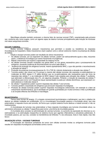 Arlindo Ugulino Netto ● MEDRESUMOS 2016 ● MAD II
111
www.medresumos.com.br
Macrófagos ativados também produzem a citocina fator de necrose tumoral (TNF), caracterizada pela primeira
vez, conforme seu nome sugere, como um agente capaz de destruir tumores principalmente pela indução de trombose
nos vasos sanguíneos tumorais.
ESCAPE TUMORAL
Muitos tumores malignos possuem mecanismos que permitem a evasão ou resistência às respostas
imunológicas do hospedeiro. Estes mecanismos visam explicar como o câncer sobrevive mesmo na presença de células
de defesa.
Edição e escape tumorais podem ser resultado de vários mecanismos:
 As células tumorais, por se originarem de células normais, podem ser estruturalmente iguais a elas, induzindo
assim, a tolerância imunológica por serem fracamente imunogênicas.
 Rápido crescimento que supera a capacidade do sistema imune.
 As células tumorais causam mutações nos genes MHC ou nos genes necessários para o processamento de
antígenos, causando ausência de reconhecimento do tumor pela célula T.
 Ausência de produção de antígenos tumoral, mesmo apresentando MHC, o que não permite o reconhecimento
e ativação da célula T.
 Produção de proteínas imunossupressoras (IL-10 e TGF-β), inibindo diretamente a ativação das células T.
 Tumores podem não induzir os LTa porque a maioria das células tumorais não expressa co-estimuladores ou
moléculas do MHC classe II. É válido lembrar que os co-estimuladores são necessários para dar início às
respostas das células T, e as moléculas do MHC classe II são exigidas para ativação das células T auxiliares,
que estimulam a diferenciação dos LTc, em algumas situações. Portanto, a indução de respostas de células T
específicas para tumor com frequência requer apresentação cruzada por células dendríticas, que expressam co-
estimuladores e moléculas classe II.
 As células T reguladoras podem suprimir respostas das células T aos tumores.
 Tumores perdem a expressão de antígenos que provocam respostas imunológicas.
 Produtos de células tumorais podem suprimir respostas imunológicas antitumorais. Um exemplo é o fator de
crescimento transformante-β, que é secretado em grande quantidades por muitos tumores e inibe a proliferação
e as funções efetoras dos linfócitos e macrófagos.
IMUNOTERAPIA
Temos duas formas de terapia: (1) a terapia convencional (quimioterapia e radioterapia), que tem o objetivo de
destruir as células multadas em proliferação; (2) e a imunoterapia (imunização passiva e imunização ativa), que visa
potencializar a resposta imune aos tumores, de forma que o próprio sistema imune destrua a massa tumoral, e não os
medicamentos.
A imunoterapia de tumores visa potencializar a fraca resposta imunológica aos tumores (imunidade ativa), ou
administrar anticorpos ou células T específicos para tumor, uma forma de imunidade passiva.
A imunidade ativa consiste na administração de vacinas tumorais, no aumento da expressão de citocinas ou co-
estimuladores e na estimulação inespecífica do sistema imune (por agentes inflamatórios e ativadores policlonais). A
imunidade passiva, por sua vez, consiste na transferência de linfócitos T e de anticorpos. Esta é mais rápida, mas não
leva à
IMUNIZAÇÃO ATIVA – VACINAS TUMORAIS
A imunização de indivíduos portadores de tumor com células tumorais mortas ou antígenos tumorais pode
resultar em respostas imunológicas aumentadas contra o tumor.
 