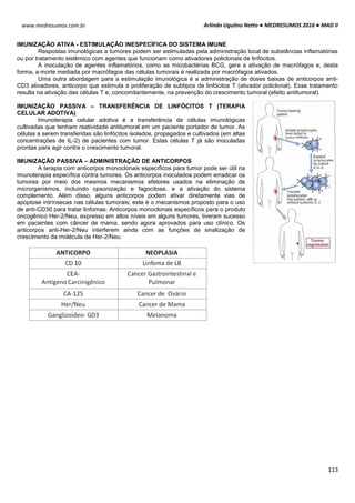 Arlindo Ugulino Netto ● MEDRESUMOS 2016 ● MAD II
113
www.medresumos.com.br
IMUNIZAÇÃO ATIVA - ESTIMULAÇÃO INESPECÍFICA DO SISTEMA IMUNE
Respostas imunológicas a tumores podem ser estimuladas pela administração local de substâncias inflamatórias
ou por tratamento sistêmico com agentes que funcionam como ativadores policlonais de linfócitos.
A inoculação de agentes inflamatórios, como as micobactérias BCG, gera a ativação de macrófagos e, desta
forma, a morte mediada por macrófagos das células tumorais é realizada por macrófagos ativados.
Uma outra abordagem para a estimulação imunológica é a administração de doses baixas de anticorpos anti-
CD3 ativadores, anticorpo que estimula a proliferação de subtipos de linfócitos T (ativador policlonal). Esse tratamento
resulta na ativação das células T e, concomitantemente, na prevenção do crescimento tumoral (efeito antitumoral).
IMUNIZAÇÃO PASSIVA – TRANSFERÊNCIA DE LINFÓCITOS T (TERAPIA
CELULAR ADOTIVA)
Imunoterapia celular adotiva é a transferência de células imunológicas
cultivadas que tenham reatividade antitumoral em um paciente portador de tumor. As
células a serem transferidas são linfócitos isolados, propagados e cultivados (em altas
concentrações de IL-2) de pacientes com tumor. Estas células T já são inoculadas
prontas para agir contra o crescimento tumoral.
IMUNIZAÇÃO PASSIVA – ADMINISTRAÇÃO DE ANTICORPOS
A terapia com anticorpos monoclonais específicos para tumor pode ser útil na
imunoterapia específica contra tumores. Os anticorpos inoculados podem erradicar os
tumores por meio dos mesmos mecanismos efetores usados na eliminação de
microrganismos, incluindo opsonização e fagocitose, e a ativação do sistema
complemento. Além disso, alguns anticorpos podem ativar diretamente vias de
apoptose intrínsecas nas células tumorais; este é o mecanismos proposto para o uso
de anti-CD30 para tratar linfomas. Anticorpos monoclonais específicos para o produto
oncogênico Her-2/Neu, expresso em altos níveis em alguns tumores, tiveram sucesso
em pacientes com câncer de mama, sendo agora aprovados para uso clínico. Os
anticorpos anti-Her-2/Neu interferem ainda com as funções de sinalização de
crescimento da molécula de Her-2/Neu.
 