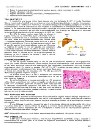 Arlindo Ugulino Netto ● MEDRESUMOS 2016 ● MAD II
160
www.medresumos.com.br
 Estado de portador assintomático (geralmente, acontece quando a via de transmissão foi vertical);
 Hepatite crônica sem evolução;
 Hepatite crônica com evolução para cirrose ou para hepatocarcinoma;
 Desenvolvimento da hepatite D.
VÍRUS DA HEPATITE C
A hepatite C é uma doença viral do fígado causada pelo vírus da hepatite C (HCV  Família: Flaviviridae;
Gênero: Hepacivirus). A hepatite C pode ser considerada a mais temida e perigosa de todas as hepatites virais, devido à
inexistência de vacina e limitações do tratamento, e a sua alta tendência para a cronicidade que complica eventualmente
em cirrose hepática mortal. É uma das causas mais frequêntes de cirrose hepática de etiologia desconhecida. O vírus da
hepatite C é um RNA-vírus flavivirus, um dos poucos dessa família (que inclui os vírus da dengue, febre amarela e Nilo
ocidental) que não é transmitido por artrópodes. A transmissão deste vírus é feita por via parentérica (por transfusão
sanguínea). Ele é capaz de sobreviver em temperaturas de 100
o
C por 2 minutos.
Em 85% dos casos, incluindo quase todas as crianças, a
hepatite inicial pode ser assintomática ou leve. O sistema imune não
responde eficazmente ao vírus, e o resultado é cronicidade em 80%
dos casos. Destes, 40% progridem rapidamente para cirrose e morte;
25% progridem lentamente com cirrose e morte ao fim de 10 anos; e
outros 35% após 20 anos. O cancro do fígado surge em mais 5% após
30 anos. Os restantes tornam-se portadores a longo prazo, infecciosos.
A incidência de hepatite C pôde ser reduzida pelo rastreamento
adequado de doadores de sangue nas últimas décadas. Hoje, apenas
5% dos novos casos são adquiridos dessa forma. A melhor forma de
prevenção reside no combate ao uso de drogas endovenosas. Há
evidências de que o tratamento da hepatite C reduz o risco de
surgimento do hepatocarcinoma.
PAPILOMAVÍRUS HUMANO (HPV)
Os vírus do papiloma humano (HPV) são vírus de DNA não-envelopados membros da família papovavírus.
Alguns HPV causam papilomas (verrugas), tumores benignos de células escamosas sobre a pele, enquanto outros tipos
de HPV estão associados a verrugas que podem evoluir para malignidades, particularmente, carcinoma de células
escamosas do cérvix. Em resumo, os subtipos HPV1, HPV2 e HPV4 produzem verrugas vulgares; determinados
subtipos produzem condilomas aculminados genitais e perineais. Estes grupos
de lesões elementares da pele produzidas pelo HPV são genericamente
chamadas de papilomas, neoplasias benignas.
Os subtipos HPV16, HPV18 e HPV31 apresentam uma capacidade
carcinogênica elevada, com a tendência de desenvolver câncer de colo do
útero, de penis e de vagina.
Em cortes histológicos, as mucosas acometidas por HPV apresentam
células claras características com núcleos enrrugados semelhantes à uva-
passa, sendo encontradas, geralmente, binucleações. Estas lesões consistem
de alterações citoarquiteturais compatíveis com lesão HPV induzida. Nas
camadas espinhosas superiores do epitélio, o HPV leva a uma vacuolização
perinuclear característica nas células epiteliais (coilocitose) formando o próprio
halo claro em torno do núcleo enrugado.
VÍRUS INFLUENZA E PARA-INFLUENZA
São vírus que acometem o trato respiratório. O vírus influenza é o agente etiológico da gripe, enquanto que o
para-influenza causa a laringotraqueobronquite. Esta afecção é caracterizada por um edema na traqueia que causa uma
estenose na mesma, fazendo com que a tosse da criança se assemelhe a um latido, daí a denominaçãode crup para
esta patologia.
O vírus influenza é, portanto, o causador da gripe. A sintomatologia clássica da doença engloba febre, dores
musculares, tosse, dor de cabeça, irritação na garganta e secreções nasais (diferentemnte da gripe, o resfriado
apresenta apenas sintomas respiratórios). Os vírus se multiplicam no epitélio ciliado das vias respiratórias superiores e
inferiores, causando necrose celular e irritação.
OBS
1
: O Haemophilus influenzaa é uma bactéria resistente a penicilina casadora de meningite em crianças.
VÍRUS EPSTEIN-BARR
O EBV causa mononucleose infecciosa, uma disfunção linfoproliferativa autolimitada, benigna, associada ao
desenvolvimento de leucopatia pilosa e um número de neoplasma, especialmente a maioria de certos linfomas e
carcinomas nasofaríngeo.
 