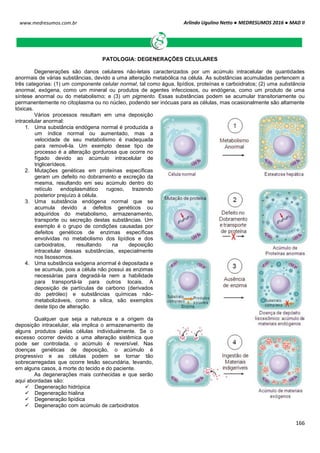 Arlindo Ugulino Netto ● MEDRESUMOS 2016 ● MAD II
166
www.medresumos.com.br
PATOLOGIA: DEGENERAÇÕES CELULARES
Degenerações são danos celulares não-letais caracterizados por um acúmulo intracelular de quantidades
anormais de várias substâncias, devido a uma alteração metabólica na célula. As substâncias acumuladas pertencem a
três categorias: (1) um componente celular normal, tal como água, lipídios, proteínas e carboidratos; (2) uma substância
anormal, exógena, como um mineral ou produtos de agentes infecciosos, ou endógena, como um produto de uma
síntese anormal ou do metabolismo; e (3) um pigmento. Essas substâncias podem se acumular transitoriamente ou
permanentemente no citoplasma ou no núcleo, podendo ser inócuas para as células, mas ocasionalmente são altamente
tóxicas.
Vários processos resultam em uma deposição
intracelular anormal:
1. Uma substância endógena normal é produzida a
um índice normal ou aumentado, mas a
velocidade de seu metabolismo é inadequada
para removê-la. Um exemplo desse tipo de
processo é a alteração gordurosa que ocorre no
fígado devido ao acúmulo intracelular de
triglicerídeos.
2. Mutações genéticas em proteínas específicas
geram um defeito no dobramento e excreção da
mesma, resultando em seu acúmulo dentro do
retículo endoplasmático rugoso, trazendo
posterior prejuízo à célula.
3. Uma substância endógena normal que se
acumula devido a defeitos genéticos ou
adquiridos do metabolismo, armazenamento,
transporte ou secreção destas substâncias. Um
exemplo é o grupo de condições causadas por
defeitos genéticos de enzimas específicas
envolvidas no metabolismo dos lipídios e dos
carboidratos, resultando na deposição
intracelular dessas substâncias, especialmente
nos lisossomos.
4. Uma substância exógena anormal é depositada e
se acumula, pois a célula não possui as enzimas
necessárias para degradá-la nem a habilidade
para transportá-la para outros locais. A
deposição de partículas de carbono (derivados
do petróleo) e substâncias químicas não-
metabolizáveis, como a sílica, são exemplos
deste tipo de alteração.
Qualquer que seja a natureza e a origem da
deposição intracelular, ela implica o armazenamento de
alguns produtos pelas células individualmente. Se o
excesso ocorrer devido a uma alteração sistêmica que
pode ser controlada, o acúmulo é reversível. Nas
doenças genéticas de deposição, o acúmulo é
progressivo e as células podem se tornar tão
sobrecarregadas que ocorre lesão secundária, levando,
em alguns casos, à morte do tecido e do paciente.
As degenerações mais conhecidas e que serão
aqui abordadas são:
 Degeneração hidrópica
 Degeneração hialina
 Degeneração lipídica
 Degeneração com acúmulo de carboidratos
 