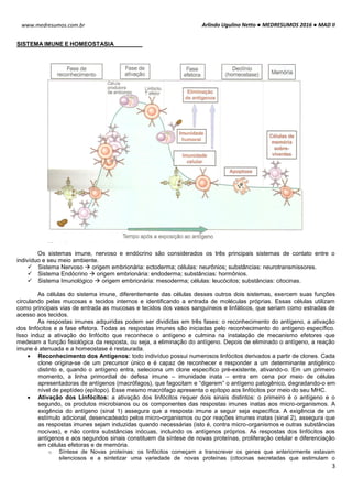 Arlindo Ugulino Netto ● MEDRESUMOS 2016 ● MAD II
3
www.medresumos.com.br
SISTEMA IMUNE E HOMEOSTASIA
Os sistemas imune, nervoso e endócrino são considerados os três principais sistemas de contato entre o
indivíduo e seu meio ambiente.
 Sistema Nervoso  origem embrionária: ectoderma; células: neurônios; substâncias: neurotransmissores.
 Sistema Endócrino  origem embrionária: endoderma; substâncias: hormônios.
 Sistema Imunológico  origem embrionária: mesoderma; células: leucócitos; substâncias: citocinas.
As células do sistema imune, diferentemente das células desses outros dois sistemas, exercem suas funções
circulando pelas mucosas e tecidos internos e identificando a entrada de moléculas próprias. Essas células utilizam
como principais vias de entrada as mucosas e tecidos dos vasos sanguíneos e linfáticos, que seriam como estradas de
acesso aos tecidos.
As respostas imunes adquiridas podem ser divididas em três fases: o reconhecimento do antígeno, a ativação
dos linfócitos e a fase efetora. Todas as respostas imunes são iniciadas pelo reconhecimento do antígeno específico.
Isso induz a ativação do linfócito que reconhece o antígeno e culmina na instalação de mecanismo efetores que
medeiam a função fisiológica da resposta, ou seja, a eliminação do antígeno. Depois de eliminado o antígeno, a reação
imune é atenuada e a homeostase é restaurada.
 Reconhecimento dos Antígenos: todo indivíduo possui numerosos linfócitos derivados a partir de clones. Cada
clone origina-se de um precursor único e é capaz de reconhecer e responder a um determinante antigênico
distinto e, quando o antígeno entra, seleciona um clone específico pré-existente, ativando-o. Em um primeiro
momento, a linha primordial de defesa imune – imunidade inata – entra em cena por meio de células
apresentadoras de antígenos (macrófagos), que fagocitam e “digerem” o antígeno patogênico, degradando-o em
nível de peptídeo (epítopo). Esse mesmo macrófago apresenta o epítopo aos linfócitos por meio do seu MHC.
 Ativação dos Linfócitos: a ativação dos linfócitos requer dois sinais distintos: o primeiro é o antígeno e o
segundo, os produtos microbianos ou os componentes das respostas imunes inatas aos micro-organismos. A
exigência do antígeno (sinal 1) assegura que a resposta imune a seguir seja específica. A exigência de um
estímulo adicional, desencadeado pelos micro-organismos ou por reações imunes inatas (sinal 2), assegura que
as respostas imunes sejam induzidas quando necessárias (isto é, contra micro-organismos e outras substâncias
nocivas), e não contra substâncias inócuas, incluindo os antígenos próprios. As respostas dos linfócitos aos
antígenos e aos segundos sinais constituem da síntese de novas proteínas, proliferação celular e diferenciação
em células efetoras e de memória.
o Síntese de Novas proteínas: os linfócitos começam a transcrever os genes que anteriormente estavam
silenciosos e a sintetizar uma variedade de novas proteínas (citocinas secretadas que estimulam o
 