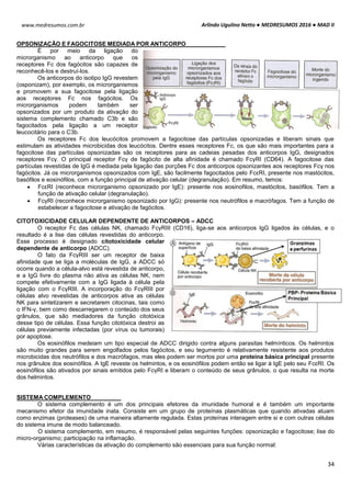 Arlindo Ugulino Netto ● MEDRESUMOS 2016 ● MAD II
34
www.medresumos.com.br
OPSONIZAÇÃO E FAGOCITOSE MEDIADA POR ANTICORPO
É por meio da ligação do
microrganismo ao anticorpo que os
receptores Fc dos fagócitos são capazes de
reconhecê-los e destruí-los.
Os anticorpos do isotipo IgG revestem
(osponizam), por exemplo, os microrganismos
e promovem a sua fagocitose pela ligação
aos receptores Fc nos fagócitos. Os
microrganismos podem também ser
opsonizados por um produto da ativação do
sistema complemento chamado C3b e são
fagocitados pela ligação a um receptor
leucocitário para o C3b.
Os receptores Fc dos leucócitos promovem a fagocitose das partículas opsonizadas e liberam sinais que
estimulam as atividades microbicidas dos leucócitos. Dentre esses receptores Fc, os que são mais importantes para a
fagocitose das partículas opsonizadas são os receptores para as cadeias pesadas dos anticorpos IgG, designados
receptores Fcγ. O principal receptor Fcγ de fagócito de alta afinidade é chamado FcγRI (CD64). A fagocitose das
partículas revestidas de IgG é mediada pela ligação das porções Fc dos anticorpos opsonizantes aos receptores Fcγ nos
fagócitos. Já os microrganismos opsonizados com IgE, são facilmente fagocitados pelo FcεRI, presente nos mastócitos,
basófilos e eosinófilos, com a função principal de ativação celular (degranulação). Em resumo, temos:
 FcεRI (reconhece microrganismo opsonizado por IgE): presente nos eosinofilos, mastócitos, basófilos. Tem a
função de ativação celular (degranulação).
 FcγRI (reconhece microrganismo opsonizado por IgG): presente nos neutrófilos e macrófagos. Tem a função de
estabelecer a fagocitose e ativação de fagócitos.
CITOTOXICIDADE CELULAR DEPENDENTE DE ANTICORPOS – ADCC
O receptor Fc das células NK, chamado FcγRIII (CD16), liga-se aos anticorpos IgG ligados às células, e o
resultado é a lise das células revestidas do anticorpo.
Esse processo é designado citotoxicidade celular
dependente de anticorpo (ADCC).
O fato da FcγRIII ser um receptor de baixa
afinidade que se liga a moléculas de IgG, a ADCC só
ocorre quando a célula-alvo está revestida de anticorpo,
e a IgG livre do plasma não ativa as células NK, nem
compete efetivamente com a IgG ligada à célula pela
ligação com o FcγRIII. A incorporação do FcγRIII por
células alvo revestidas de anticorpos ativa as células
NK para sintetizarem e secretarem citocinas, tais como
o IFN-γ, bem como descarregarem o conteúdo dos seus
grânulos, que são mediadores da função citotóxica
desse tipo de células. Essa função citotóxica destroi as
células previamente infectadas (por vírus ou tumorais)
por apoptose.
Os eosinófilos medeiam um tipo especial de ADCC dirigido contra alguns parasitas helmínticos. Os helmintos
são muito grandes para serem engolfados pelos fagócitos, e seu tegumento é relativamente resistente aos produtos
microbicidas dos neutrófilos e dos macrófagos, mas eles podem ser mortos por uma proteína básica principal presente
nos grânulos dos eosinófilos. A IgE reveste os helmintos, e os eosinófilos podem então se ligar à IgE pelo seu FcεRI. Os
eosinófilos são ativados por sinais emitidos pelo FcγRI e liberam o conteúdo de seus grânulos, o que resulta na morte
dos helmintos.
SISTEMA COMPLEMENTO
O sistema complemento é um dos principais efetores da imunidade humoral e é também um importante
mecanismo efetor da imunidade inata. Consiste em um grupo de proteínas plasmáticas que quando ativadas atuam
como enzimas (proteases) de uma maneira altamente regulada. Estas proteínas interagem entre si e com outras células
do sistema imune de modo balanceado.
O sistema complemento, em resumo, é responsável pelas seguintes funções: opsonização e fagocitose; lise do
micro-organismo; participação na inflamação.
Várias características da ativação do complemento são essenciais para sua função normal:
 