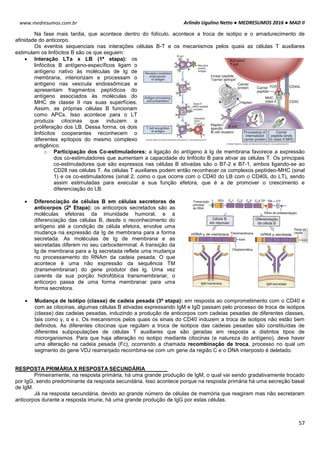 Arlindo Ugulino Netto ● MEDRESUMOS 2016 ● MAD II
57
www.medresumos.com.br
Na fase mais tardia, que acontece dentro do folículo, acontece a troca de isotipo e o amadurecimento de
afinidade do anticorpo.
Os eventos sequenciais nas interações células B-T e os mecanismos pelos quais as células T auxiliares
estimulam os linfócitos B são os que seguem:
 Interação LTa x LB (1ª etapa): os
linfócitos B antígeno-específicos ligam o
antígeno nativo às moléculas de Ig de
membrana, interiorizam e processam o
antígeno nas vesícula endossômicas e
apresentam fragmentos peptídicos do
antígeno associados às moléculas do
MHC de classe II nas suas superfícies.
Assim, as próprias células B funcionam
como APCs. Isso acontece para o LT
produza citocinas que induzem a
proliferação dos LB. Dessa forma, os dois
linfócitos cooperantes reconhecem o
diferentes epítopos do mesmo complexo
antigênico.
o Participação dos Co-estimuladores: a ligação do antígeno à Ig de membrana favorece a expressão
dos co-estimuladores que aumentam a capacidade do linfócito B para ativar as células T. Os principais
co-estimuladores que são expressos nas células B ativadas são o B7-2 e B7-1, ambos ligando-se ao
CD28 nas células T. As células T auxiliares podem então reconhecer os complexos peptídeo-MHC (sinal
1) e os co-estimuladores (sinal 2, como o que ocorre com o CD40 do LB com o CD40L do LT), sendo
assim estimuladas para executar a sua função efetora, que é a de promover o crescimento e
diferenciação do LB.
 Diferenciação de células B em células secretoras de
anticorpos (2ª Etapa): os anticorpos secretados são as
moléculas efetoras da imunidade humoral, e a
diferenciação das células B, desde o reconhecimento do
antígeno até a condição de célula efetora, envolve uma
mudança na expressão da Ig de membrana para a forma
secretada. As moléculas de Ig de membrana e as
secretadas diferem no seu carboxiterminal. A transição da
Ig de membrana para a Ig secretada reflete uma mudança
no processamento do RNAm da cadeia pesada. O que
acontece é uma não expressão da sequência TM
(transmembranar) do gene produtor das Ig. Uma vez
carente da sua porção hidrofóbica transmembranar, o
anticorpo passa de uma forma membranar para uma
forma secretora.
 Mudança de Isótipo (classe) de cadeia pesada (3ª etapa): em resposta ao comprometimento com o CD40 e
com as citocinas, algumas células B ativadas expressando IgM e IgD passam pelo processo de troca de isotipos
(classe) das cadeias pesadas, induzindo a produção de anticorpos com cadeias pesadas de diferentes classes,
tais como γ, α e ε. Os mecanismos pelos quais os sinais do CD40 induzem a troca de isotipos não estão bem
definidos. As diferentes citocinas que regulam a troca de isotipos das cadeias pesadas são constituídas de
diferentes subpopulações de células T auxiliares que são geradas em resposta a distintos tipos de
microrganismos. Para que haja alteração no isotipo mediante citocinas (e natureza do antígeno), deve haver
uma alteração na cadeia pesada (Fc), ocorrendo a chamada recombinação de troca, processo no qual um
segmento do gene VDJ rearranjado recombina-se com um gene da região C e o DNA interposto é deletado.
RESPOSTA PRIMÁRIA X RESPOSTA SECUNDÁRIA
Primeiramente, na resposta primária, há uma grande produção de IgM, o qual vai sendo gradativamente trocado
por IgG, sendo predominante da resposta secundária. Isso acontece porque na resposta primária há uma secreção basal
de IgM.
Já na resposta secundária, devido ao grande número de células de memória que reagiram mas não secretaram
anticorpos durante a resposta imune, há uma grande produção de IgG por estas células.
 
