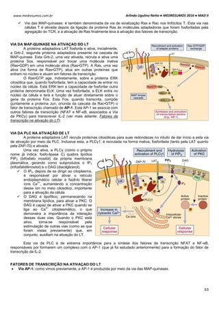 Arlindo Ugulino Netto ● MEDRESUMOS 2016 ● MAD II
63
www.medresumos.com.br
 Via das MAP-quinases: é também denominada da via de sinalização Ras e Rac nos linfócitos T. Esta via nas
células T é ativada depois da ligação da proteína Ras às moléculas adaptadoras que foram fosforiladas pela
agregação do TCR, e a ativação de Ras finalmente leva à ativação dos fatores de transcrição.
VIA DA MAP-QUINASE NA ATIVAÇAO DO LT
A proteína adaptadora LAT fosforila e ativa, inicialmente,
a Grb-2, segunda proteína adaptadora presente na cascata da
MAP-quinase. Esta Grb-2, uma vez ativada, recruta e ativa uma
proteína Sos, responsável por trocar uma molécula inativa
(Ras•GDP) em uma molécula ativa (Ras•GTP). A Ras, uma vez
ativa (na forma de Ras•GTP), atua em outras proteínas que
entram no núcleo e atuam em fatores de transcrição.
O Ras•GTP age, indiretamente, sobre a proteína ERK
citosólica que, quando fosforilada, tem a capacidade de entrar no
núcleo da célula. Esta ERK tem a capacidade de fosforilar outra
proteína denominada ELK. Uma vez fosforilada, a ELK entra no
núcleo da célula e terá e função de atuar diretamente sobre o
gene da proteína Fos. Esta Fos, quando transcrita, compõe
(juntamente a proteína Jun, oriunda da cascata da Rac•GTP) o
fator de transcrição chamado de AP-1. Esta AP-1 se associa com
outros fatores de transcrição (NFAT e NF-κB, associados a Via
da PKCγ) para transcrever IL-2 (ver mais adiante: Fatores de
transcrição na ativação do LT).
VIA DA PLC NA ATIVAÇÃO DE LT
A proteína adaptadora LAT recruta proteínas citosólicas para suas redondezas no intuito de dar início a esta via
de ativação por meio da PLC. Inclusive esta, a PLCγ1, é recrutada na forma inativa, fosforilada (tanto pela LAT quanto
pela ZAP-70) e ativada.
Uma vez ativa, a PLCγ (como o próprio
nome já indica: fosfo-lipase C) quebra lipídios
PIP2 (bifosfato inositol) da própria membrana
plasmática, gerando como subprodutos o IP3
(trifosfatidilinositol) e o DAG (diacilglicerol).
 O IP3, depois de se dirigir ao citoplasma,
é responsável por ativar o retículo
endoplasmático celular e fazê-lo liberar
íons Ca
2+
, aumentando a concentração
desse íon no meio citosólico, importante
para a ativação da célula.
 O DAG é lipofílico, permanecendo na
membrana lipídica, para ativar a PKC. O
DAG é capaz de ativar a PKC quando se
liga ao Ca
2+
citoplasmático, o que
demonstra a importância da interação
dessas duas vias. Quando o PKC está
ativo, torna-se responsável pela
estimulação de outras vias (como as que
foram vistas previamente) que, em
conjunto, auxiliam na ativação do LT.
Esta via da PLC é de extrema importância para a síntese dos fatores de transcrição NFAT e NF-κB,
responsáveis por formarem um complexo com o AP-1 (que já foi estudado anteriormente) para a formação do fator de
transcrição da IL-2.
FATORES DE TRANSCRIÇÃO NA ATIVAÇAO DO LT
 Via AP-1: como vimos previamente, a AP-1 é produzida por meio da via das MAP-quinases.
 
