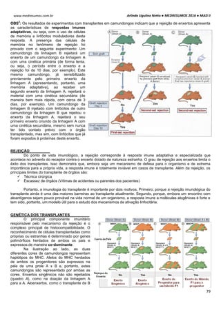 Arlindo Ugulino Netto ● MEDRESUMOS 2016 ● MAD II
79
www.medresumos.com.br
OBS
2
: Os resultados de experimentos com transplantes em camundongos indicam que a rejeição de enxertos apresenta
as características de respostas imunes
adaptativas, ou seja, com o uso de células
de memória e linfócitos moduladores desta
resposta. A presença das células de
memória no fenômeno de rejeição foi
provado com o seguinte experimento: Um
camundongo da linhagem B rejeitará um
enxerto de um camundongo da linhagem A
com uma cinética primária (de forma lenta,
ou seja, o período entre o enxerto e a
rejeição foi de 10 dias, por exemplo). Este
mesmo camundongo, já sensibilizado
previamente pelo primeiro enxerto da
linhagem A (apresentando, portanto, uma
memória adaptativa), ao receber um
segundo enxerto da linhagem A, rejeitará o
material com uma cinética secundária (de
maneira bem mais rápida, com cerca de 3
dias, por exemplo). Um camundongo da
linhagem B injetado com linfócitos de outro
camundongo da linhagem B que rejeitou o
enxerto da linhagem A, rejeitará o seu
primeiro enxerto oriundo da linhagem A com
uma cinética secundária, mesmo sem nunca
ter tido contato prévio com o órgão
transplantado, mas sim, com linfócitos que já
foram expostos à proteínas deste enxerto.
REJEIÇÃO
Do ponto de vista imunológico, a rejeição corresponde à resposta imune adaptativa e especializada que
acontece no advento do receptor contra o enxerto dotado de natureza estranha. O grau de rejeição aos enxertos limita o
êxito dos transplantes. Isso demonstra que, embora seja um mecanismo de defesa para o organismo e de extrema
importância para a própria vida, a resposta imune é totalmente inviável em casos de transplante. Além da rejeição, os
principais limites do transplante de órgãos são:
 Técnica cirúrgica
 Escassez de órgãos (Vítimas de acidentes ou parentes dos pacientes)
Portanto, a imunologia do transplante é importante por dois motivos. Primeiro, porque a rejeição imunológica do
transplante ainda é uma das maiores barreiras ao transplante atualmente. Segundo, porque, embora um encontro com
aloantígenos sejam pouco provável na vida normal de um organismo, a resposta imune a moléculas alogênicas é forte e
tem sido, portanto, um modelo útil para o estudo dos mecanismos de ativação linfocitária.
GENÉTICA DOS TRANSPLANTES
O principal componente imunitário
responsável pelo mecanismo da rejeição é o
complexo principal de histocompatibilidade. O
reconhecimento de células transplantadas como
próprias ou estranhas é determinado por genes
polimórficos herdados de ambos os pais e
expressos de maneira co-dominante.
Na ilustração ao lado, as duas
diferentes cores de camundongos representam
haplótipos do MHC. Alelos do MHC herdados
de ambos os progenitores são expressos na
pele de uma prole A x B e, portanto, estes
camundongos são representado por ambas as
cores. Enxertos singênicos não são rejeitados
(quadro A), como na doação da linhagem A
para a A. Aloenxertos, como o transplante de B
 