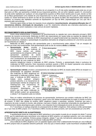 Arlindo Ugulino Netto ● MEDRESUMOS 2016 ● MAD II
80
www.medresumos.com.br
para A, são sempre rejeitados (quadro B). Enxertos de um progenitor A ou B não serão rejeitados pela prole (se um pai
doar para um filho, que apresenta a metade de sua maquinaria genética, não vai sofrer rejeição; quadro C). Já enxertos
da prole serão rejeitados por qualquer um dos progenitores (quando os filhos doam tecidos para os pais, devido ao fato
de os filhos apresentarem uma metade de uma maquinaria da A e da B, é estranho para B e para A, respectivamente;
quadro D). Esses fenômenos se devem ao fato de que produtos dos genes do MHC são responsáveis pela rejeição de
enxertos; os enxertos são rejeitados somente se expressarem um tipo de MHC (representação por cor) que não é
expresso pelo camundongo.
Veremos agora todas as fases da resposta imune adaptativa (reconhecimento, ativação/proliferação dos LT,
mecanismos efetores, eliminação do não-próprio; e por fim, tratamento) referente aos chamados aloenxertos, que
são mais comuns de serem realizados e mais comuns de serem rejeitados.
RECONHECIMENTO DOS ALOANTÍGENOS
Como vimos anteriormente, o mecanismo do reconhecimento ou rejeição tem como elemento principal o MHC
expresso de maneira co-dominante. Moléculas do MHC são responsáveis por quase todas as reações de rejeição forte
(rápida). Vale lembrar que as moléculas do MHC desempenham um papel fundamental nas respostas imunes normais a
antígenos estranhos, mediante a apresentação de peptídeos derivados de antígenos proteicos em uma forma que pode
ser reconhecida por células T.
Moléculas do MHC alogênica são apresentadas para o reconhecimento pelas células T de um receptor de
enxerto por duas vias fundamentais. Esta apresentação pode se dar de maneira direta ou indireta:
 Apresentação direta: envolve o
reconhecimento de uma molécula do
MHC intacta exibida por células
apresentadoras de antígenos (APCs, que
apresentam peptídeos do tecido
transplantado) do doador no enxerto e é
uma consequência da similaridade entre
as estruturas de uma molécula do MHC
estranha (alogênica) intacta e moléculas do MHC próprias. Portanto, a apresentação direta é exclusiva de
moléculas do MHC estranha. Este mecanismo acontece quando o MHC do doador apresenta uma estrutura
muito similar ao MHC do receptor, acontecendo a rejeição mais rapidamente.
 Apresentação indireta: envolve o processamento de moléculas do MHC do doador pelas APCs do receptor e a
apresentação de peptídeos derivados
das moléculas do MHC alogênicas em
associação a moléculas próprias. Neste
caso, a molécula do MHC estranha é
tratada como qualquer antígeno
proteico estranho, e os mecanismos de
apresentação indireta de antígenos são
indistinguíveis dos mecanismos de
apresentação de um antígeno
microbiano. Aloantígenos em um
enxerto que não sejam moléculas do
MHC também podem ser apresentados
a células T do hospedeiro pela via indireta.
Para um melhor entendimento do processo de apresentação, lembremos que existem moléculas de MHC (do
tipo I) em todas as células nucleadas do organismo, assim como nas células transplantadas do órgão ou tecido na forma
de enxerto. O MHC das células do enxerto (MHC alogênico) passa a expressar, portanto, proteínas que para o
organismo de onde o enxerto é oriundo, são próprias, mas para o doador, são estranhas (chamadas de aloantígenos). O
reconhecimento destes aloantígenos gera, portanto, uma resposta imune (indesejada do ponto de vista clínico).
O LT reconhece um epítopo originado do processamento do MHC antagônico. Este epítopo é então apresentado
ao LT por meio do MHC próprio. O LT reconhece o MHC oriundo do próprio enxerto, sem ser processado por uma APC.
APRESENTAÇÃO DIRETA DE ALOANTÍGENOS
A apresentação direta de moléculas do MHC estranhas é uma reação cruzada de um receptor de célula T normal
(TCR), que foi selecionado para reconhecer uma molécula do MHC própria e um peptídeo estranho, com uma molécula
do MHC alogênica e um peptídeo. Embora pareça intrigante, células T que são normalmente selecionadas para serem
restritas a MHC próprio são capazes de reconhecer moléculas MHC estranhas.
Uma molécula do MHC alogênica com um peptídeo ligado pode imitar o determinante formado por uma molécula
do MHC própria mais um peptídeo estranho particular. Uma vez que a mesma célula T pode reconhecer complexos MHC
 