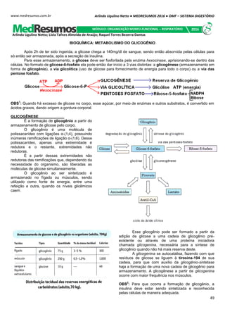 Arlindo Ugulino Netto ● MEDRESUMOS 2016 ● OMF – SISTEMA DIGESTÓRIO
49
www.medresumos.com.br
BIOQUÍMICA: METABOLISMO DO GLICOGÊNIO
Após 2h de ter sido ingerida, a glicose chega a 140mg/dl de sangue, sendo então absorvida pelas células para
só então ser armazenada, após a secreção de insulina.
Para esse armazenamento, a glicose deve ser fosforilada pela enzima hexocinase, aprisionando-se dentro das
células. No formato de glicose-6-fosfato ela pode então dar início a 3 vias distintas: a glicogênese (armazenamento em
forma de glicogênio), a via glicolítica (uso de glicose para fornecimento de energia para todo o corpo) ou a via das
pentose fosfato.
OBS
1
: Quando há excesso de glicose no corpo, esse açúcar, por meio de enzimas e outros substratos, é convertido em
ácidos graxos, dando origem a gordura corporal.
GLICOGÊNESE
É a formação de glicogênio a partir do
armazenamento de glicose pelo corpo.
O glicogênio é uma molécula de
polissacarídeo com ligações α-(1;4), possuindo
inúmeras ramificações de ligação α-(1;6). Desse
polissacarídeo, apenas uma extremidade é
redutora e o restante, extremidades não
redutoras.
É a partir dessas extremidades não
redutoras das ramificações que, dependendo da
necessidade do organismo, são liberadas as
moléculas de glicose simultaneamente.
O glicogênio ao ser sintetizado é
armazenado no fígado ou músculos, sendo
utilizado como fonte de energia, entre uma
refeição e outra, quando os níveis glicêmicos
caem.
Esse glicogênio pode ser formado a partir da
adição de glicose a uma cadeia de glicogênio pré-
existente ou através de uma proteína iniciadora
chamada glicogenina, necessária para a síntese de
glicogênio quando não há mais reserva deste.
A glicogenina se autocatalisa, fazendo com que
resíduos de glicose se liguem à tirosina-194 de sua
cadeia, para que com auxílio da glicogênio-sintetase
haja a formação de uma nova cadeia de glicogênio para
armazenamento. A glicogênese a partir de glicogenina
ocorre com maior frequência nos músculos.
OBS
2
: Para que ocorra a formação de glicogênio, a
insulina deve estar sendo sintetizada e reconhecida
pelas células de maneira adequada.
Arlindo Ugulino Netto; Lívia Tafnes Almeida de Araújo; Raquel Torres Bezerra Dantas
MÓDULO: ORGANIZAÇÃO MORFO-FUNCIONAL – RESPIRATÓRIO 2016
 