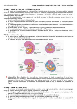 Arlindo Ugulino Netto ● MEDRESUMOS 2016 ● OMF – SISTEMA DIGESTÓRIO
5
www.medresumos.com.br
DESENVOLVIMENTO DO FÍGADO E DO APARELHO BILIAR
O fígado, a vesícula biliar e as vias biliares originam-se de um brotamento ventral, divertículo hepático, da porção
caudal ou distal do intestino anterior, no início da 4ª semana. O divertículo hepático expande-se para o septo transverso,
uma massa de mesoderma esplâncnico situada entre o coração e o intestino médio (o septo transverso forma o
mesentério ventral nessa região).
O divertículo hepático cresce rapidamente e se divide em duas porções, à medida que penetra por entre as
camadas do mesentério ventral.
 A parte cranial, maior, é o primórdio do fígado;
 O fígado cresce rapidamente em direção ao septo transverso, ocupando grande parte da cavidade abdominal
superior;
 A quantidade de sangue oxigenado que flui da veia umbilical para o fígado determina o seu desenvolvimento e
sua segmentação funcional;
 A hematopoese se inicia durante a 6ª semana, dando ao fígado uma aparência vermelho-brilhante;
 A formação de bile pelas células hepáticas começa durante a 12ª semana;
 A pequena porção caudal do divertículo hepático origina a vesícula biliar, e o pedículo do divertículo forma o
ducto cístico.
OBS: O mesentério ventral origina:
 O omento menor, que vai do fígado à pequena curvatura do estômago (ligamento hepatogástrico) e do fígado ao
duodeno (ligamento hepatoduodenal);
 O ligamento falciforme, que se estende do fígado à parede abdominal ventral.
Atresia Biliar Extra-Hepática: é a obstrução dos ductos na porta do fígado ou superior a ela (uma fissura
transversal na face visceral). A atresia pode também resultar de uma infecção do fígado durante o período final
do desenvolvimento fetal. A icterícia ocorre logo após o nascimento e as fezes tem cor de terra. Quando a
atresia não pode ser corrigida cirurgicamente, a criança pode morrer se não for realizado um transplante de
fígado.
DESENVOLVIMENTO DO PÂNCREAS
O pâncreas se forma dos brotos pancreáticos ventral e dorsal originados de células endodérmicas da porção
caudal do intestino primitivo que crescem entre as camadas dos mesentérios.
 A maior parte do pâncreas é derivada do broto pancreático dorsal, ele é maior, aparece primeiro, e desenvolve-
se num local ligeiramente mais cranial do que o broto ventral;
 O broto pancreático ventral desenvolve-se próximo à entrada do ducto biliar no duodeno;
 O broto pancreático ventral forma o processo uncinado e parte da cabeça do pâncreas;
 O ducto pancreático principal se forma a partir do ducto do broto ventral e da parte distal do ducto do broto
dorsal.
 