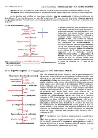 Arlindo Ugulino Netto ● MEDRESUMOS 2016 ● OMF – SISTEMA DIGESTÓRIO
57
www.medresumos.com.br
 Glicose: produto da digestão do amido, sendo a forma de carboidrato mais abundante nas células do corpo.
 Glicogênio: forma de armazenamento da glicose nos animais, sendo classificado como um polímero de glicose.
A via glicolítica está dividida em duas fases distintas: fase de investimento (a glicose transformada em
gliceraldeído-3-P por meio de uma via em que não há ganho de ATP, mas sim, uso de energia) e fase de ganho de
energia (gliceraldeido-3-P transformado em piruvato, produzindo quatro moléculas de ATP), tendo um rendimento geral
de 2 ATP.
1. Fase de Investimento: - 2ATP
A glicose, para entrar e ser armazenada dentro
das células, deve ser fosforilada. Para isso, a
enzima glicoquinase (no tecido hepático) ou a
hexocinase (nos demais tecidos) retira uma
partícula de fósforo de um ATP e o introduz na
molécula deste carboidrato, formando a
glicose-6-fosfato. Esta constitui um substrato
da enzima fosfoglico-isomerase, responsável
por convertê-la em frutose-6-fosfato. A
fosfofruto-cinase-1 é a enzima responsável pelo
uso de mais uma molécula de ATP nesta via de
investimento, formando frutose-1,6-bifosfato,
uma molécula de 6 carbonos que pode ser
degradada em 2 moléculas menores
(diidroxiacetona-fosfato e gliceraldeído-3-
fosfato, cada uma com 3 átomos de carbono)
através da ação da aldolase. Destas duas
moléculas menores, apenas o gliceraldeído-3-P
é capaz de participar da 2ª fase da via
glicolítica.
2. Fase de ganho energético: -2ATP + 2ATP + 2ATP = 2ATP + 2 moléculas de NADH+H
+
.
Para cada molécula de glicose, entram na fase de ganho energético da
via glicolítica duas moléculas de gliceraldeído-3-fosfato (portanto, todo
saldo de ATP a cada reação será multiplicado por 2). Cada molécula de
gliceraldeído-3-fosfato ganha um átomo de fósforo inorgânico (Pi) na
reação catalisada pela enzima gliceraldeído-3-fosfato-desidrogenase.
Nesta reação, ocorre a formação de 2 moléculas de NAD+H
+
(cada uma
destas moléculas será convertida em 3 moléculas de ATP na última
etapa do metabolismo energético aeróbio do corpo: a cadeia respiratória;
portanto, estas moléculas de ATP não entram na contagem do saldo da
via glicolítica). Esta reação forma, então, duas molécula de 1,3-
bifosfoglicerato, convertidas pela fosfogliceratocinase em duas
moléculas de 3-fosfoglicerato, reação que rende as 2 primeiras
moléculas de ATP da via glicolítica. As moléculas de 3-fosfoglicerato são
convertidas em duas moléculas de 2-fosfoglicerato pela enzima
fosfoglicerato-mutase, a qual não produz ATP, mas apenas muda a
localização do fosfato na cadeia de carbono. A conversão das moléculas
de 2-fosfoglicerato em fosfoenolpiruvato ocorre graças a ação da
enzima enolase, a qual promove uma reação de desidratação. As duas
moléculas de fosfoenolpiruvato são então convertidas em piruvato,
através da reação catalisada pela piruvato-cinase, formando mais 2
moléculas de ATP.
OBS
3
: A via glicolítica ocorre tanto na presença quanto na ausência de
O2.
OBS
4
: Note que há três reações irreversíveis na via glicolítica (a 1ª, a 3ª
e a 10ª reação), sendo elas as reguladoras da via glicolítica. Porém, a
principal reguladora é a enzima fosfofrutocinase (3ª reação), que não
permite a continuação da via se houver algum erro.
 